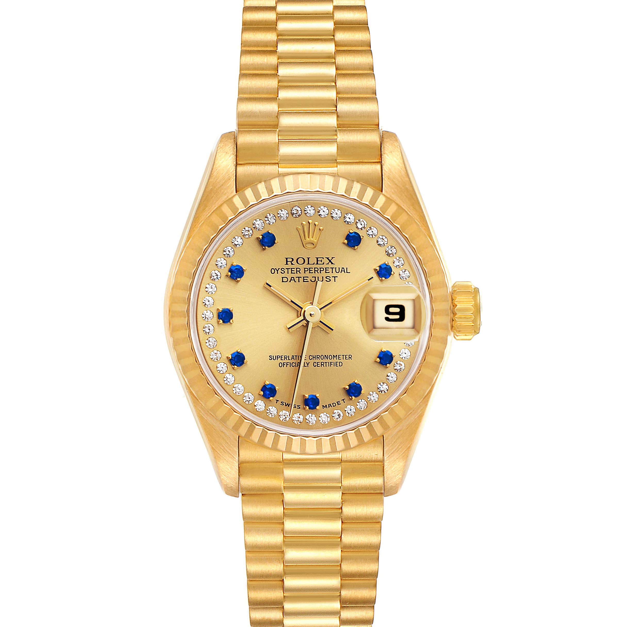The image shows a front view of the Rolex President 69178 Women
s Yellow Gold Champagne Dial 69178 Women
s Yellow Gold Champagne Dial model watch, highlighting its golden dial with blue hour markers and bracelet.