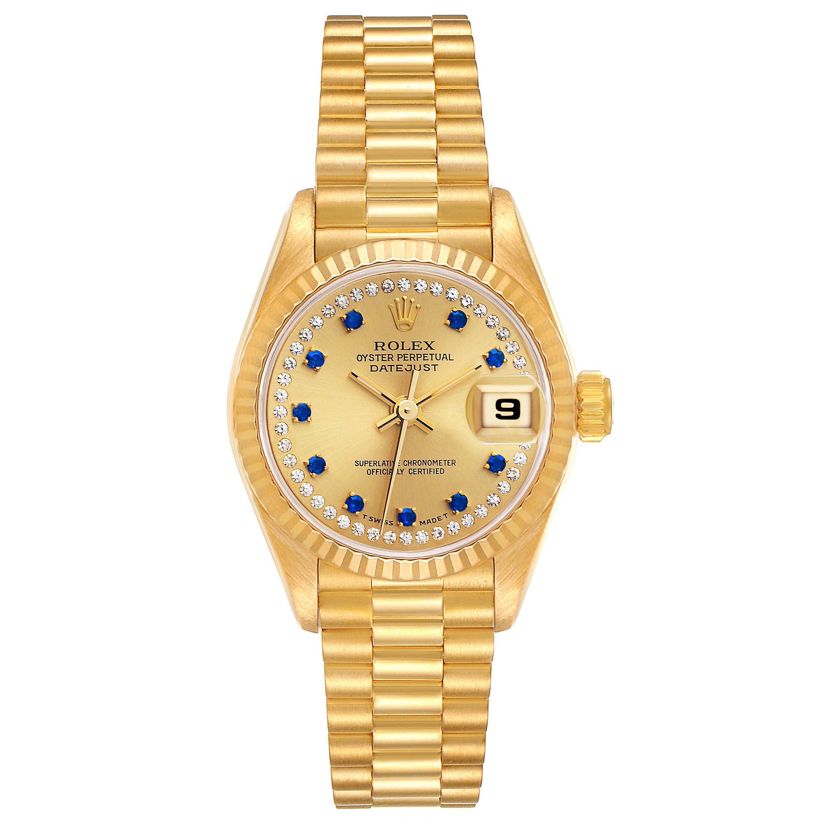 The image shows a front view of the Rolex President 69178 Women
s Yellow Gold Champagne Dial 69178 Women
s Yellow Gold Champagne Dial model watch, displaying its gold bracelet, face, and date window.