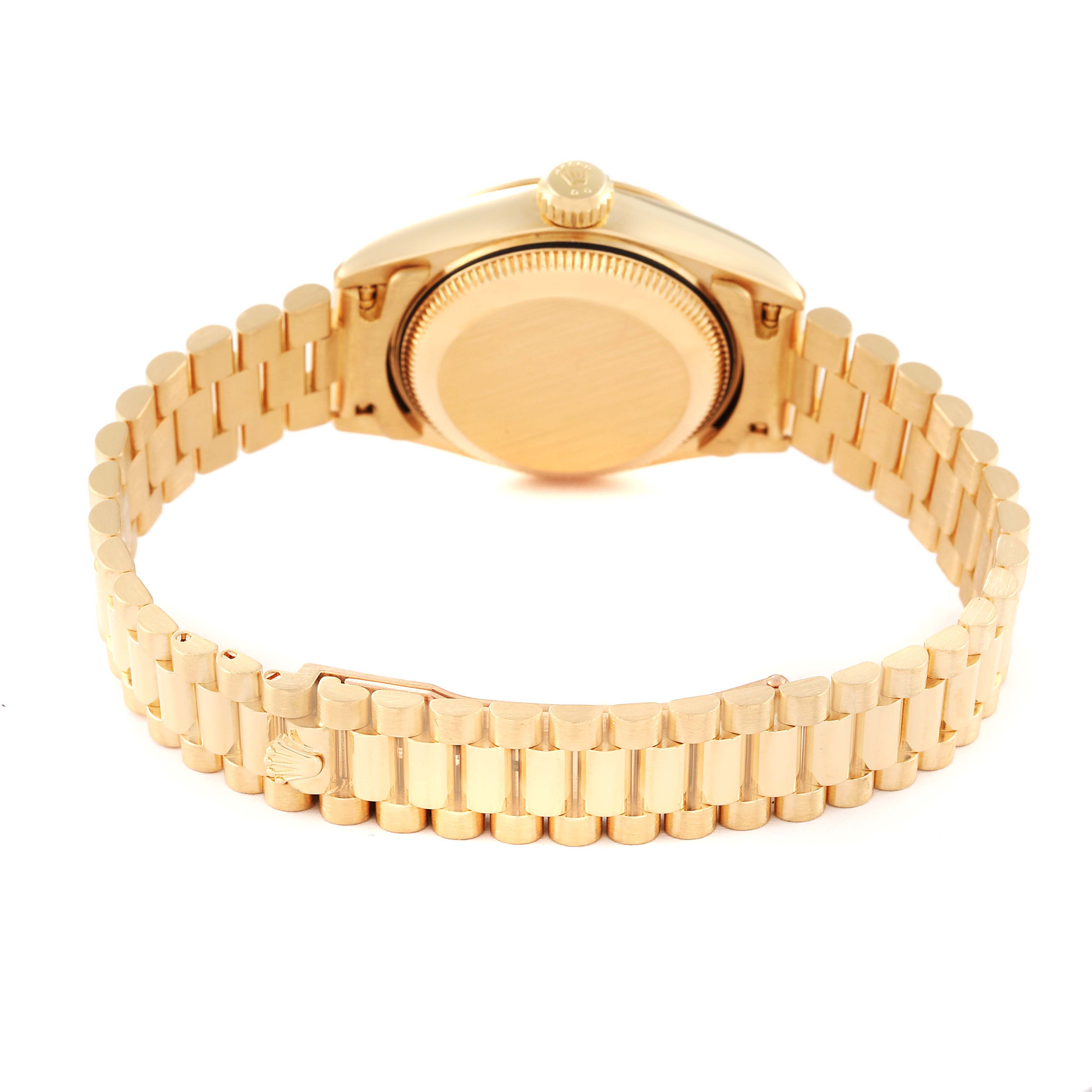 The image shows the back view of the Rolex President 69178 Women
s Yellow Gold Champagne Dial 69178 Women
s Yellow Gold Champagne Dial model wristwatch, highlighting the bracelet and the case back.