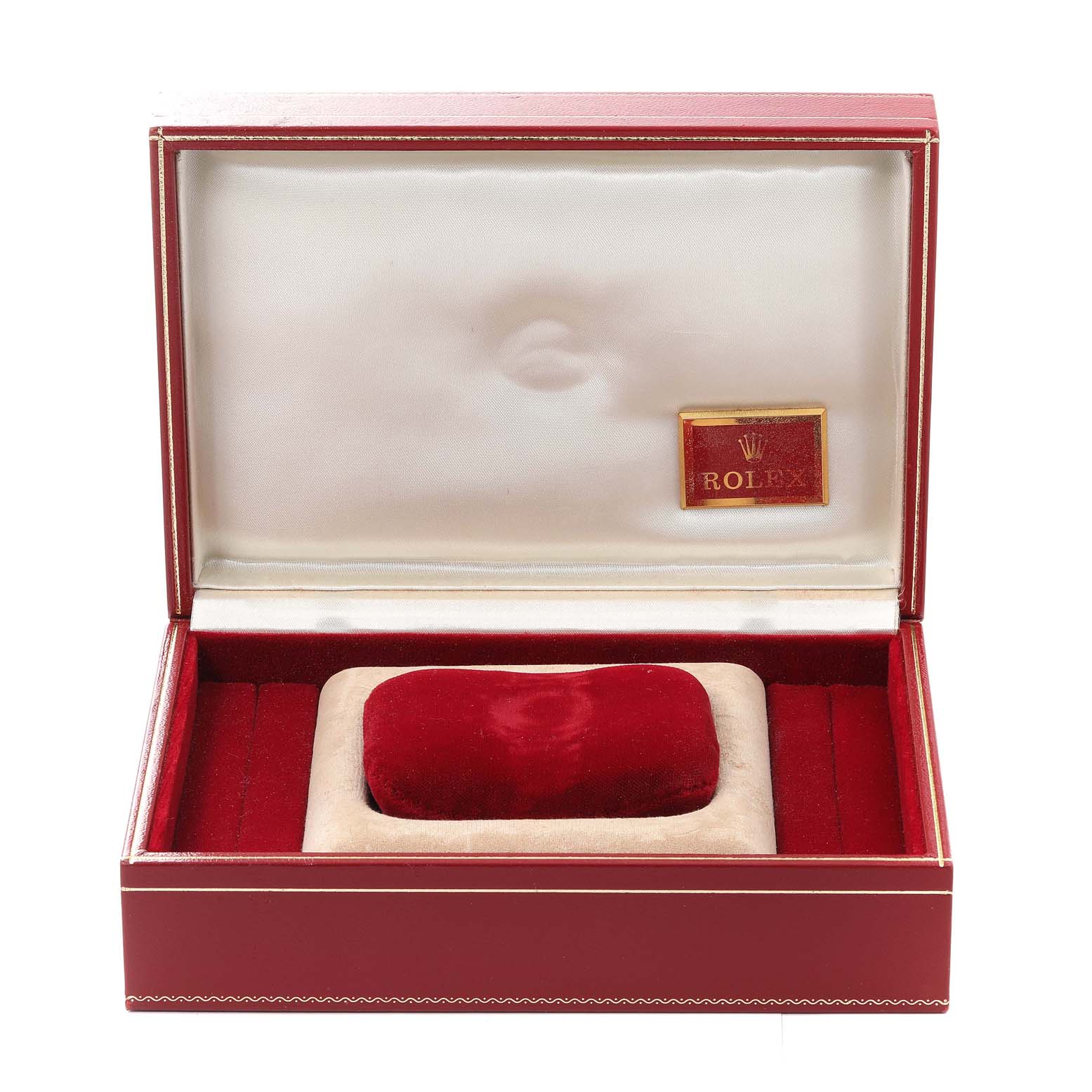 The image shows an open box for a Rolex President 69178 Women
s Yellow Gold Champagne Dial 69178 Women
s Yellow Gold Champagne Dial model watch with a red interior and a Rolex logo inside.