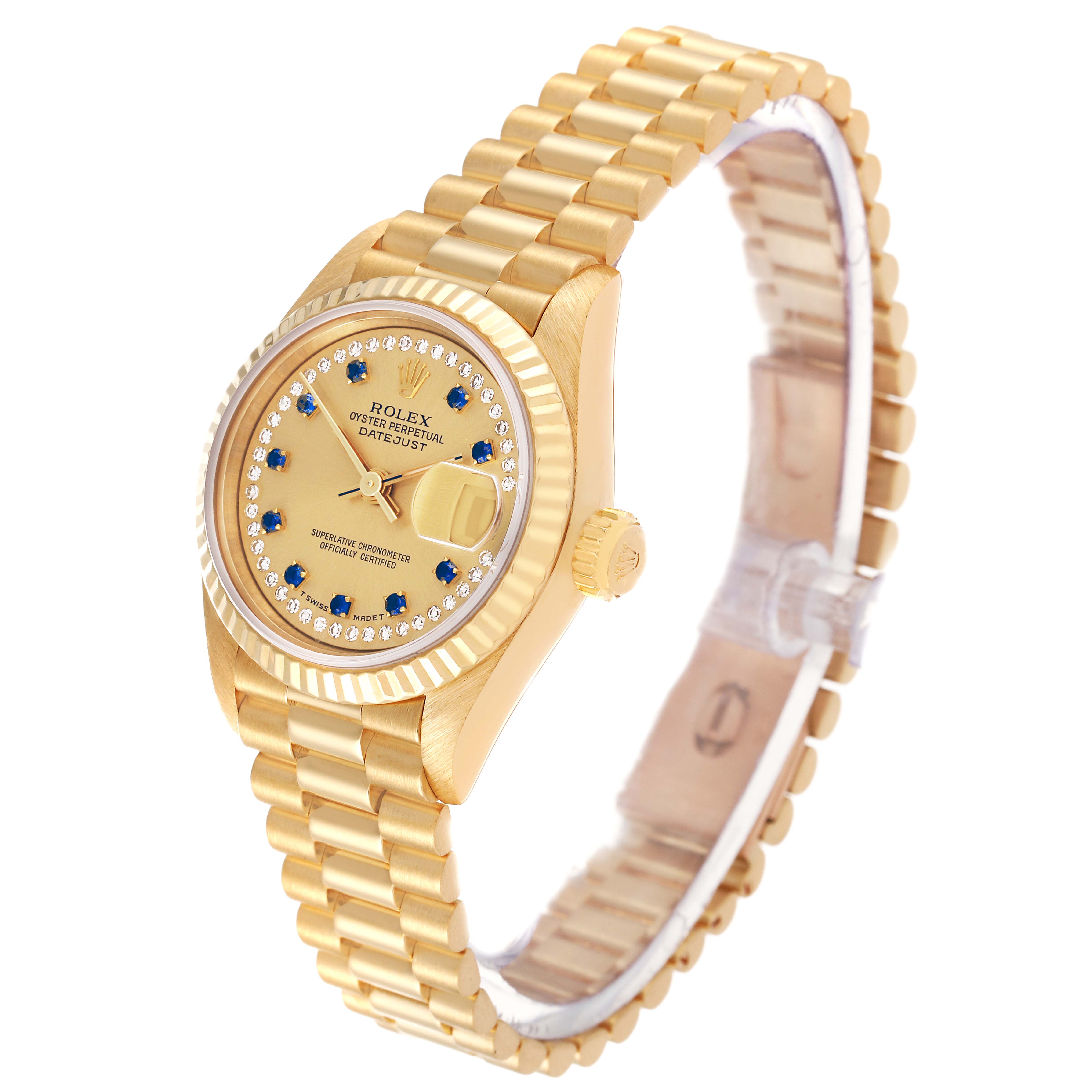 The image shows a side angle of the Rolex President 69178 Women
s Yellow Gold Champagne Dial 69178 Women
s Yellow Gold Champagne Dial model watch, highlighting its golden band, bezel, and dial.