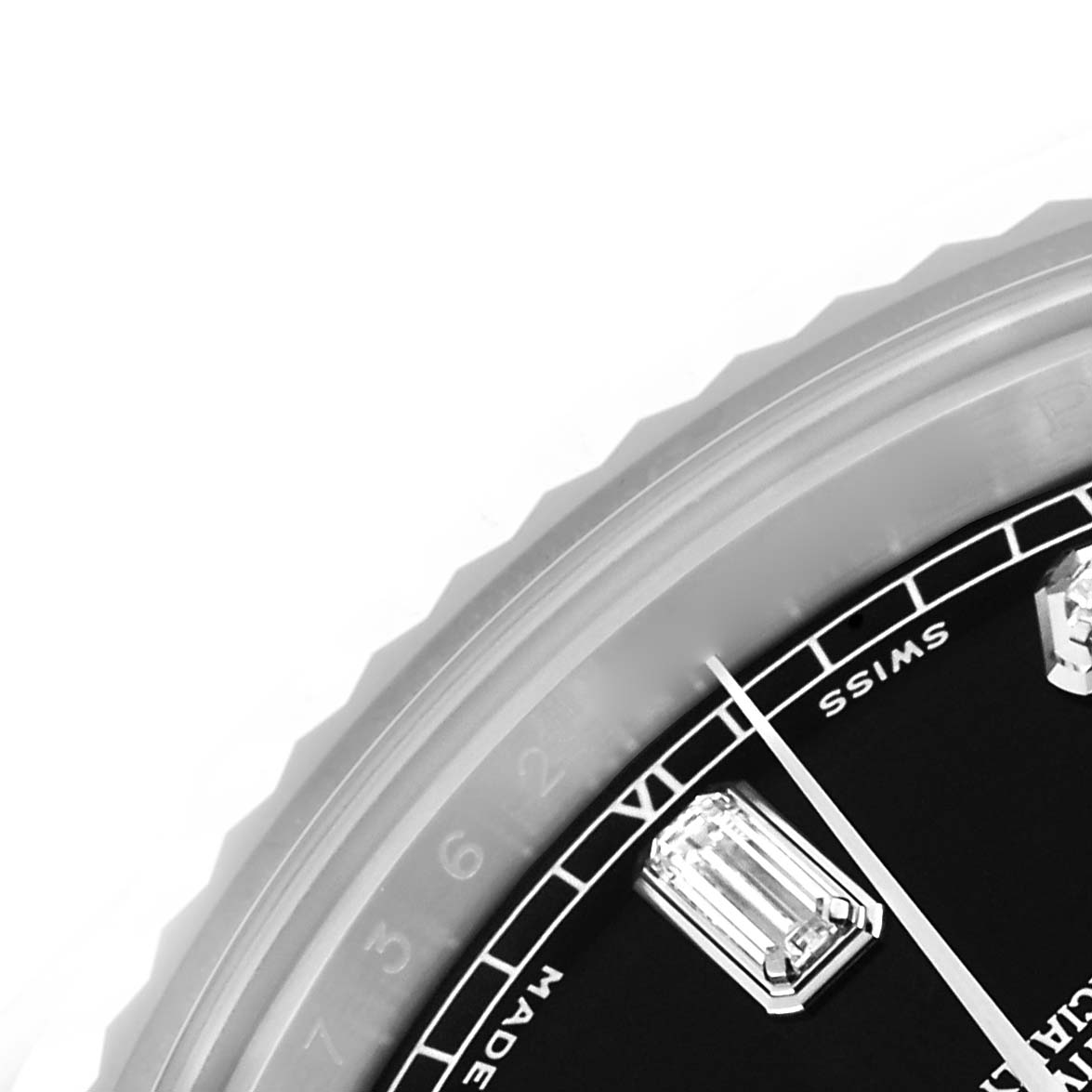 The image shows a close-up of the Rolex President 218239 Men's White Gold Black Dial 218239 Men's White Gold Black Dial watch dial, highlighting the hour markers and minute hand.