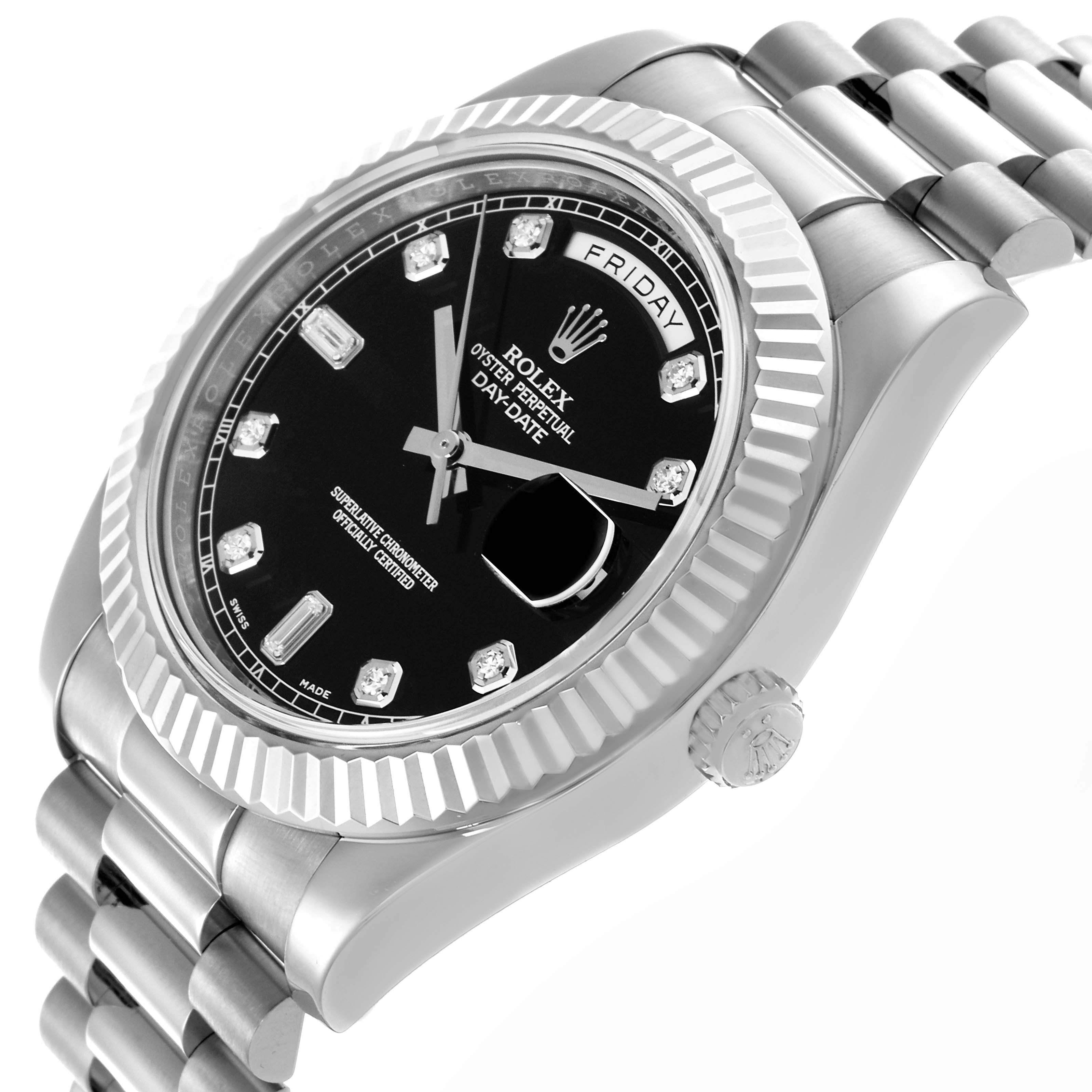 The Rolex President 218239 Men's White Gold Black Dial 218239 Men's White Gold Black Dial model watch is shown at an angle highlighting its dial, bezel, bracelet, and crown.