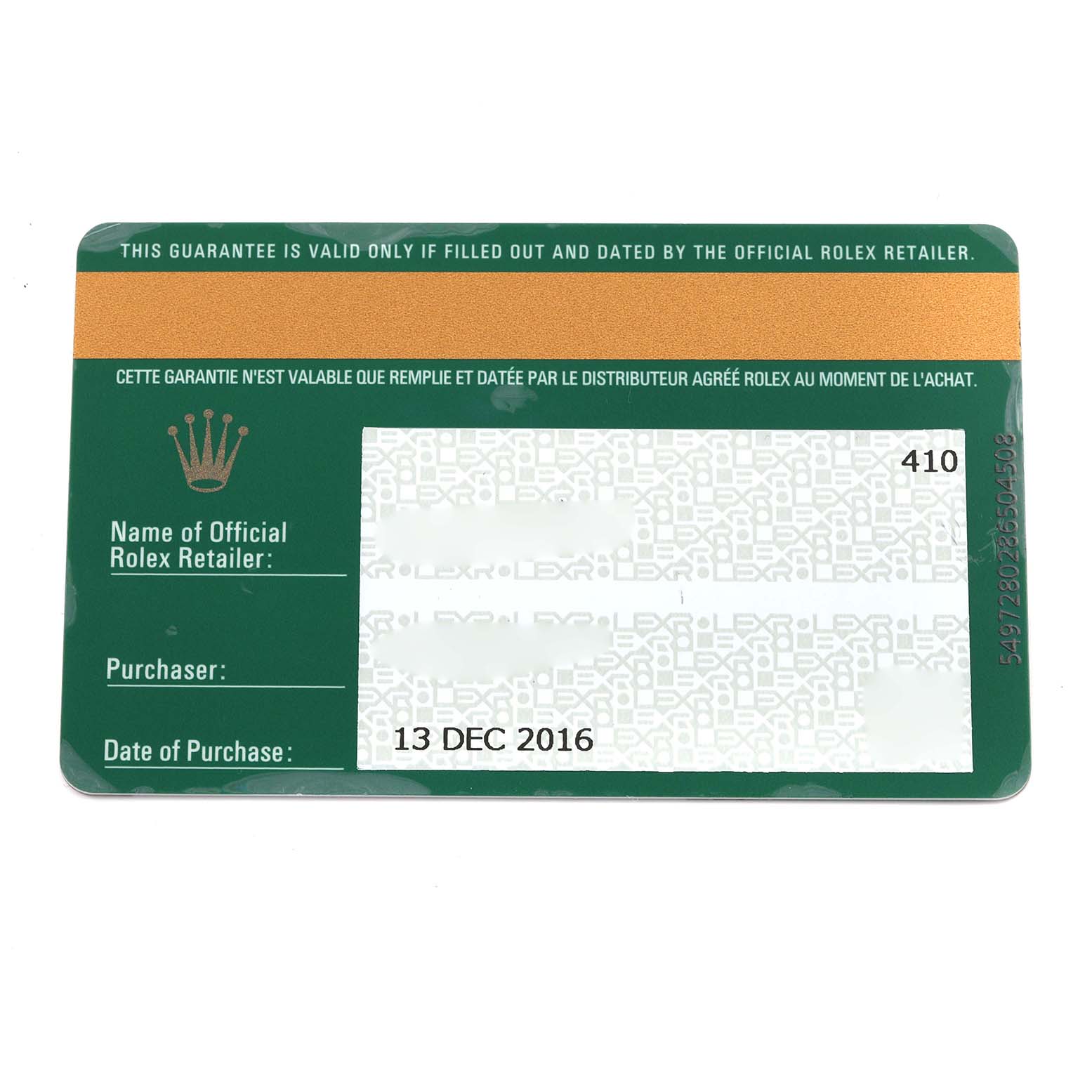 The image shows a Rolex warranty card for the President model, displaying purchase information.