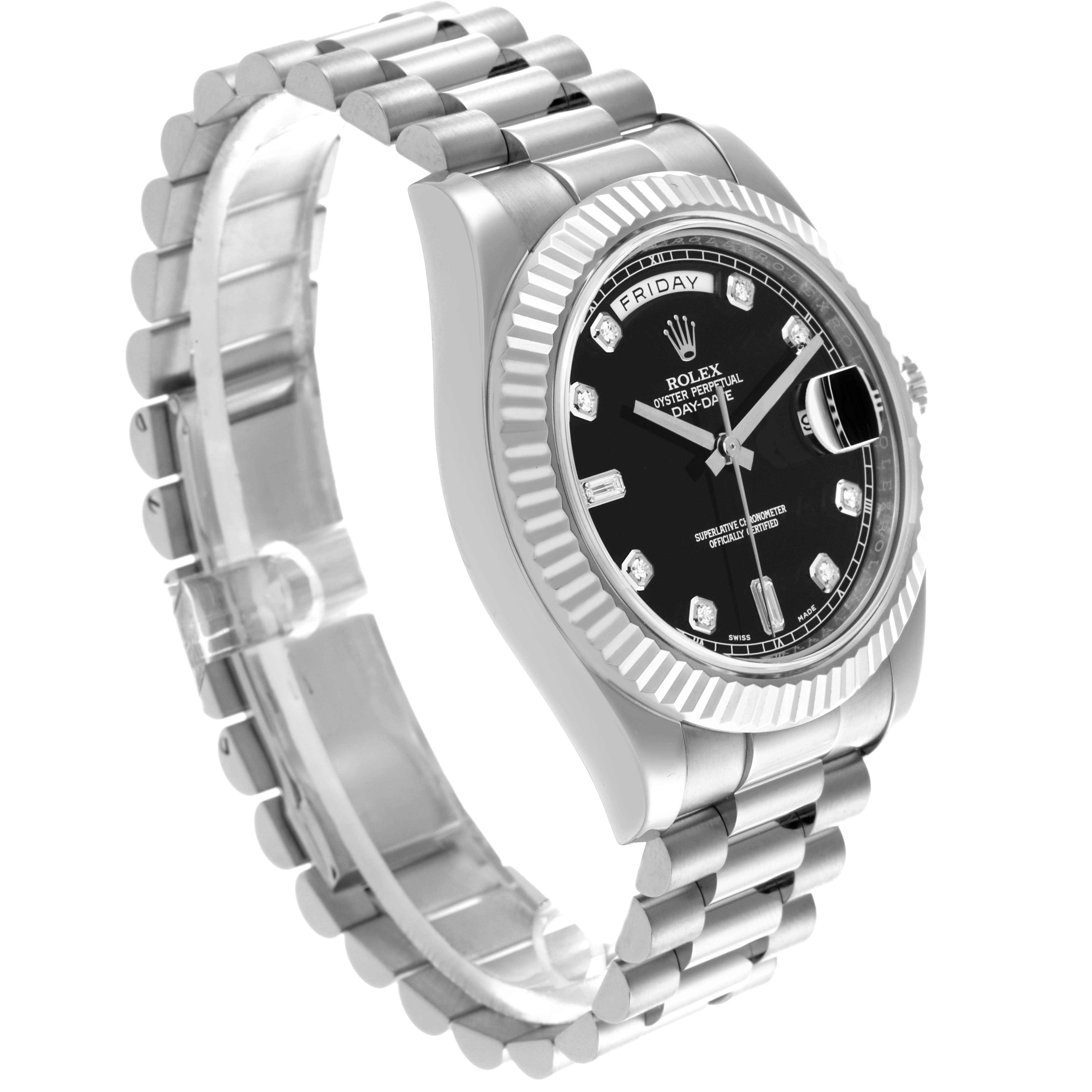 The Rolex President 218239 Men's White Gold Black Dial 218239 Men's White Gold Black Dial model is shown in a side angle, highlighting the bracelet, bezel, and black dial with date feature.