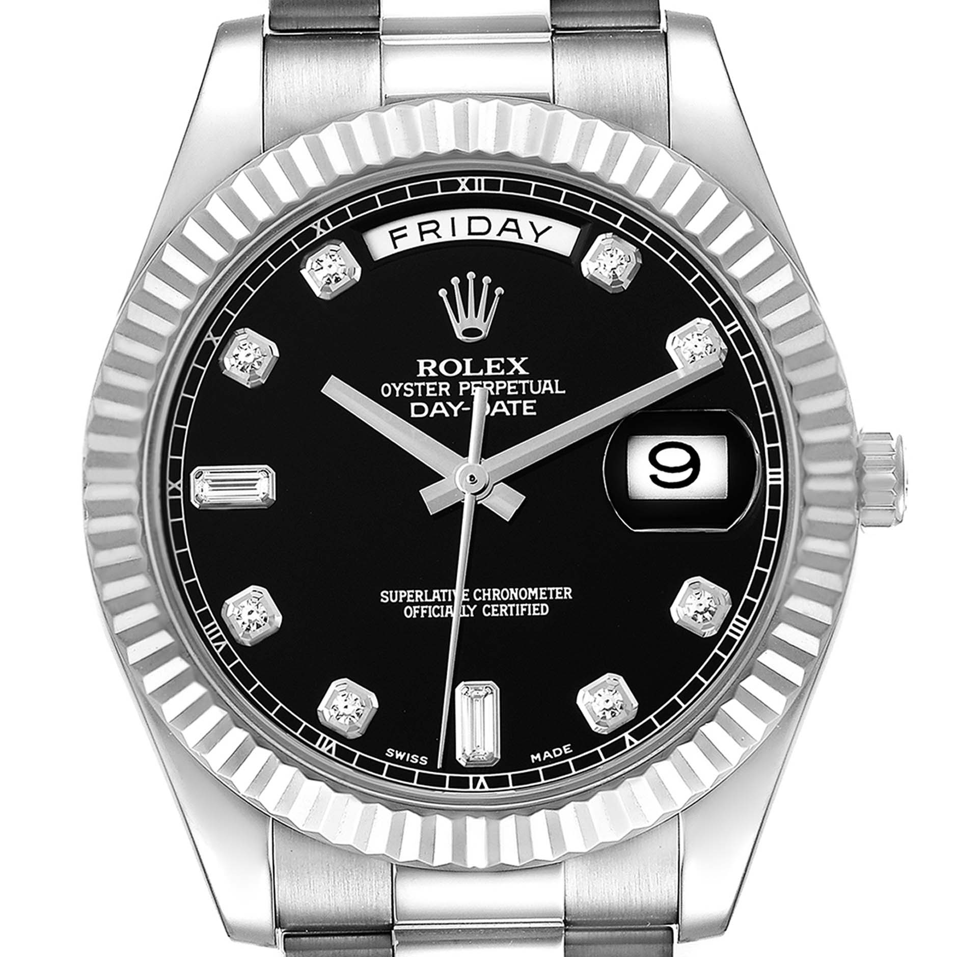 The image shows a frontal view of the Rolex President 218239 Men's White Gold Black Dial 218239 Men's White Gold Black Dial model, highlighting the dial, bezel, and part of the bracelet.