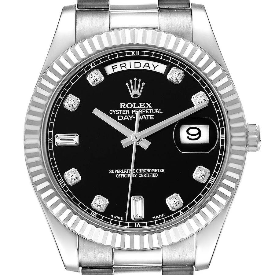 The image shows a frontal view of the Rolex President model, highlighting the dial, bezel, and part of the bracelet.