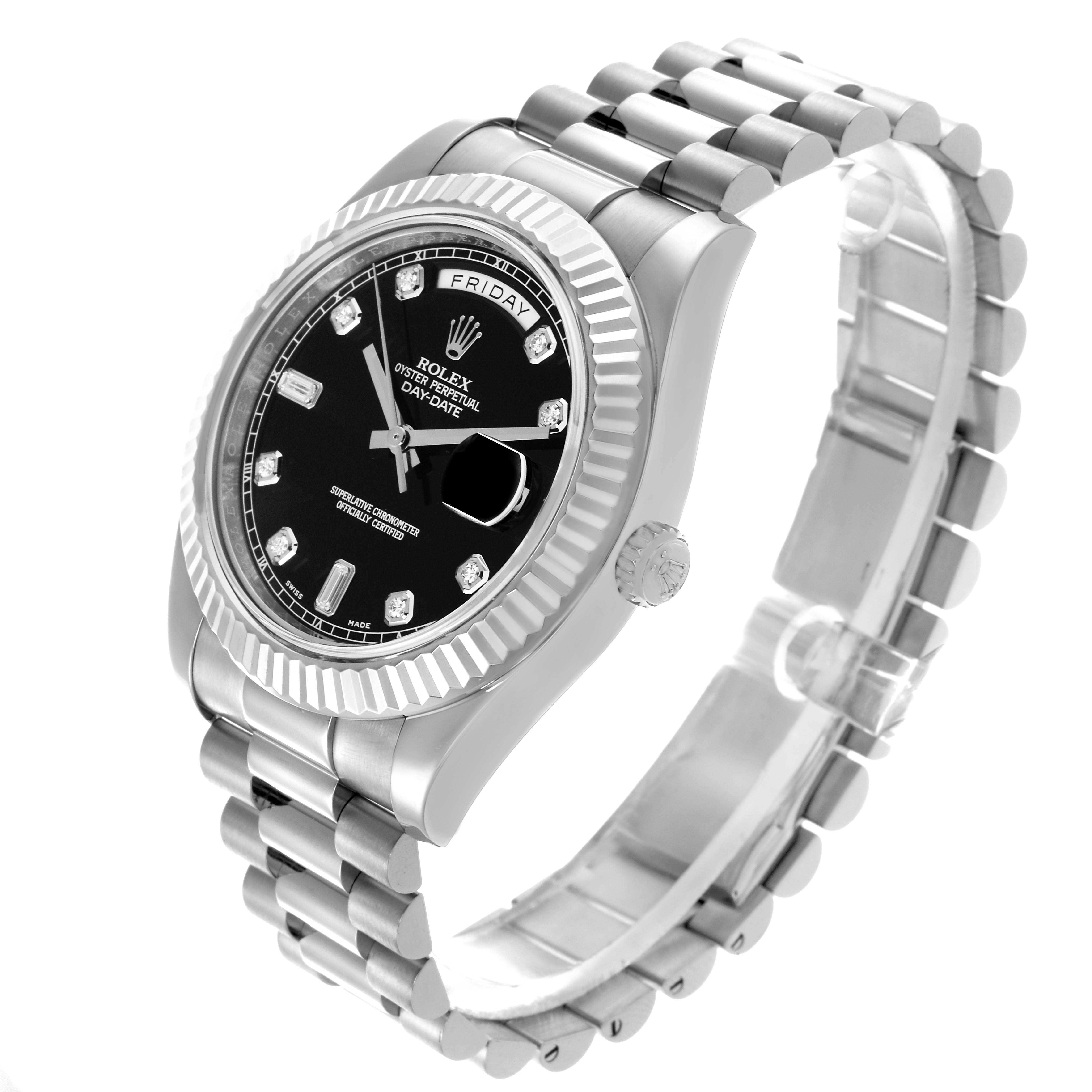 The Rolex President 218239 Men's White Gold Black Dial 218239 Men's White Gold Black Dial watch is shown at a three-quarter angle, displaying its dial, fluted bezel, and part of the bracelet.