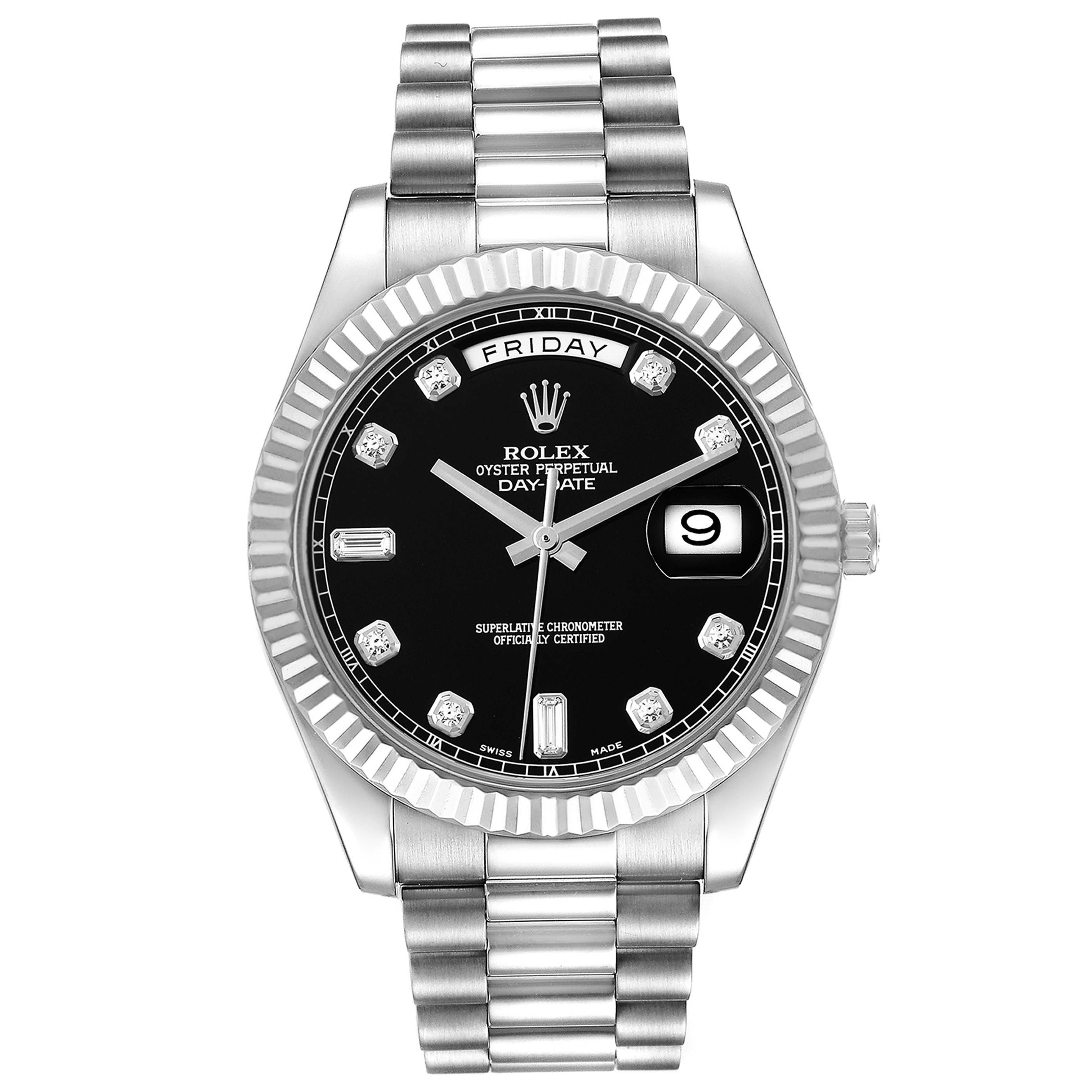 The Rolex President 218239 Men's White Gold Black Dial 218239 Men's White Gold Black Dial model is shown from the front, displaying its black dial, day and date windows, fluted bezel, and bracelet.