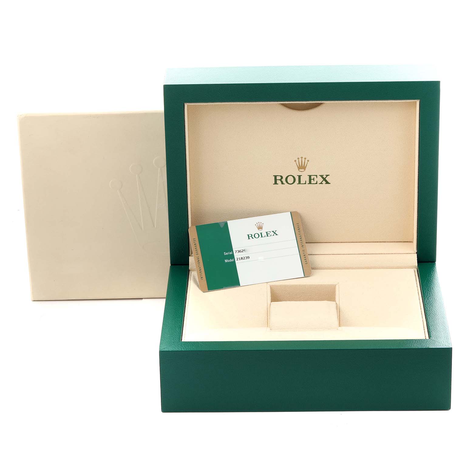 This image shows the open box and warranty card of a Rolex President 218239 Men's White Gold Black Dial 218239 Men's White Gold Black Dial model watch, with the box tilted slightly forward.