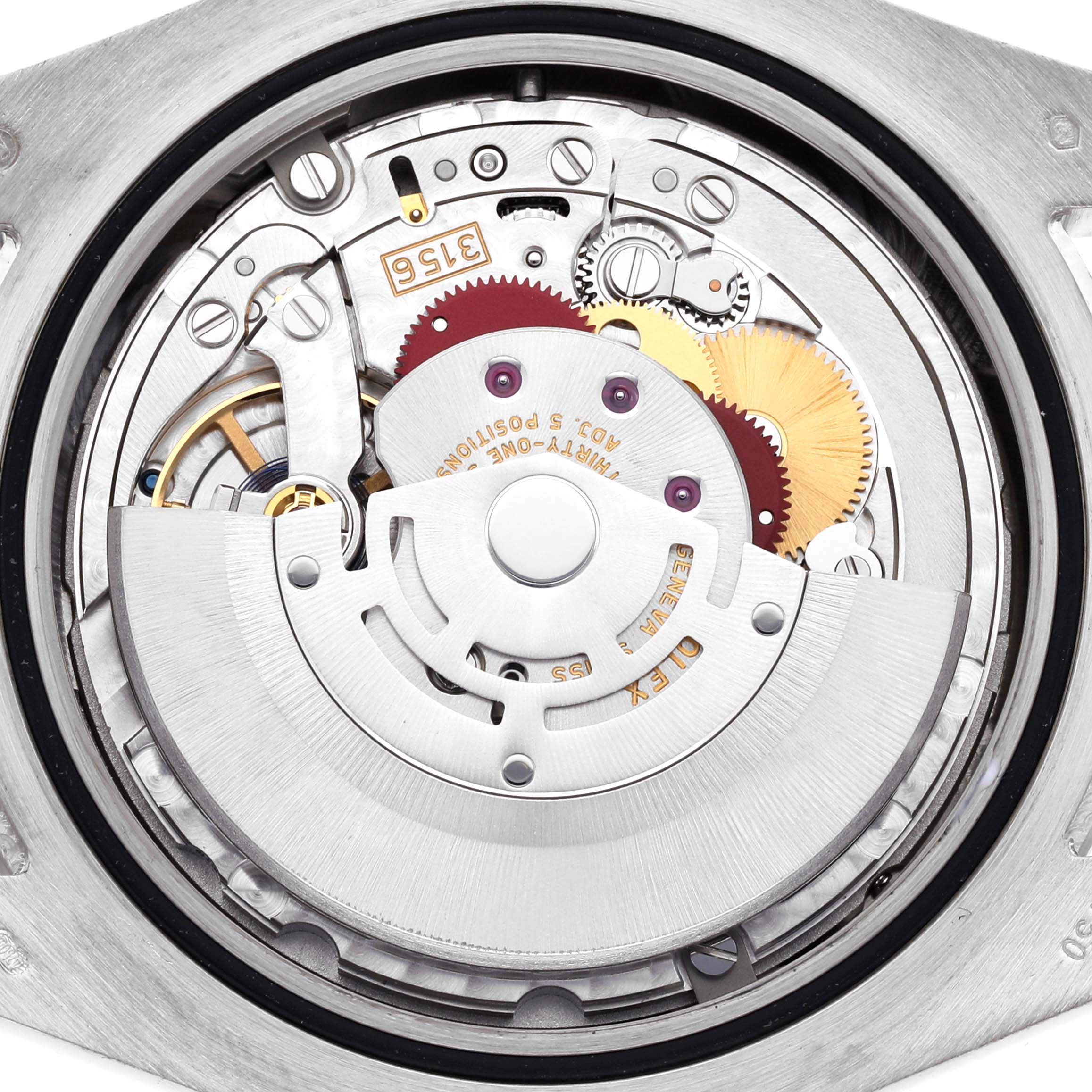 The image shows an intricate view of the movement mechanism of the Rolex President 218239 Men's White Gold Black Dial 218239 Men's White Gold Black Dial model watch.