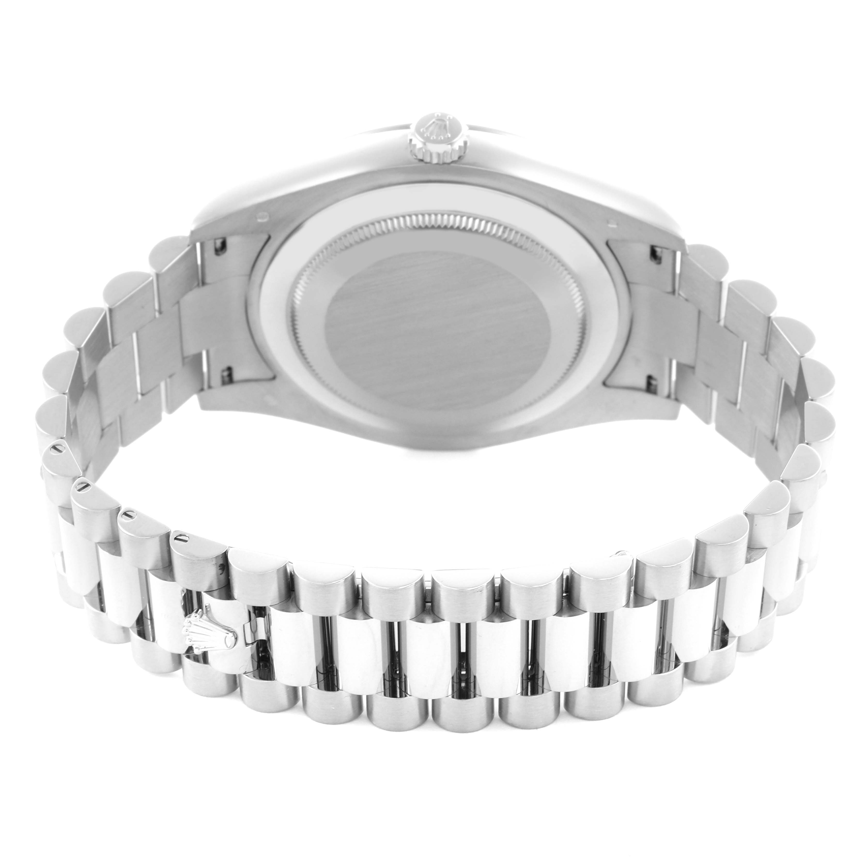 The image shows the back and bracelet of a Rolex President 218239 Men's White Gold Black Dial 218239 Men's White Gold Black Dial model, highlighting the case back and links.