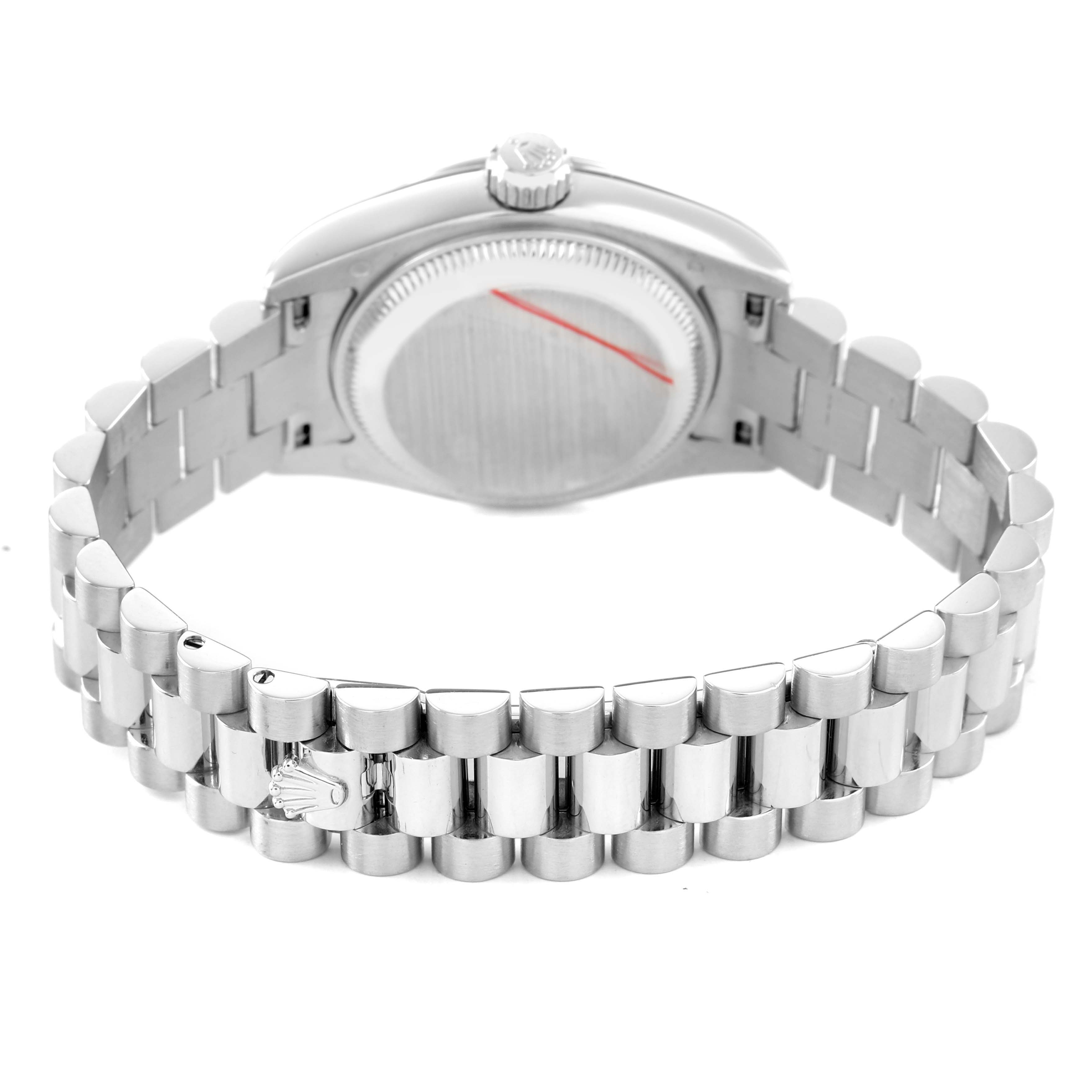 The image shows the back view and bracelet of the Rolex President 179166 Women's Platinum Blue Dial model, highlighting the clasp and screw-down case back.