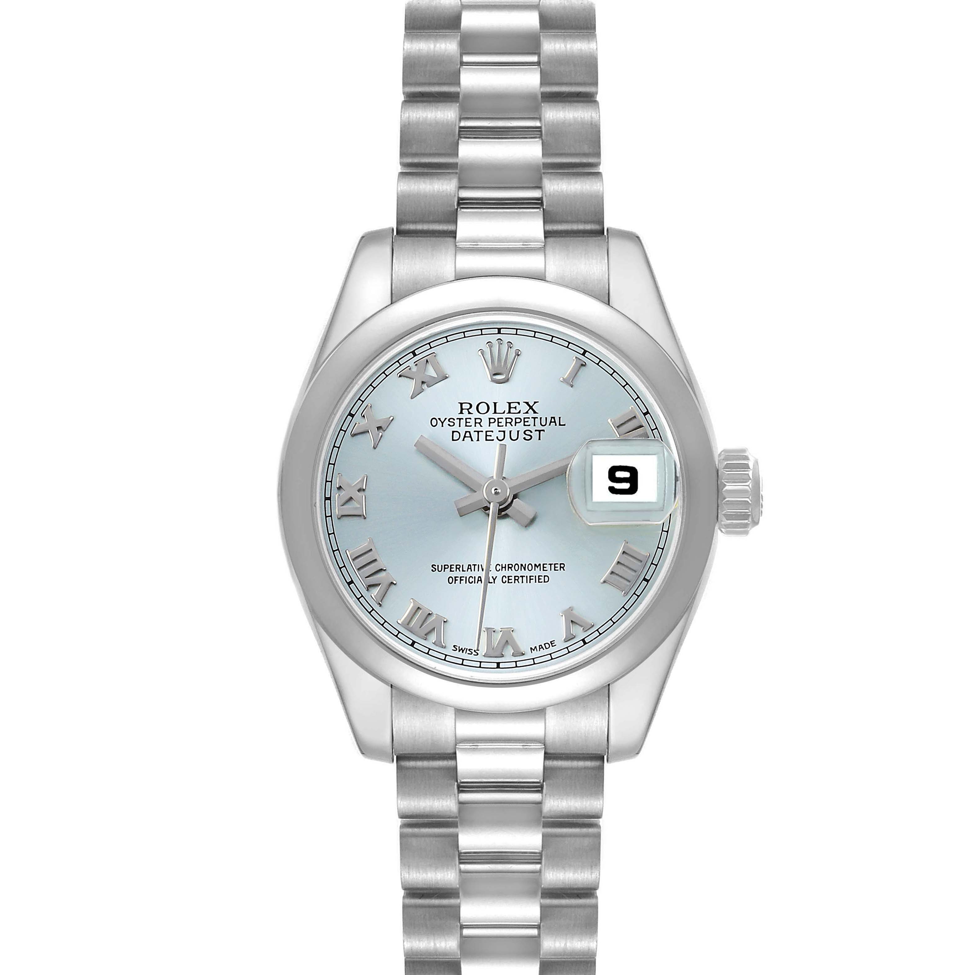 The Rolex President 179166 Women's Platinum Blue Dial model is shown from a front angle, highlighting the dial, bezel, crown, and part of the bracelet.
