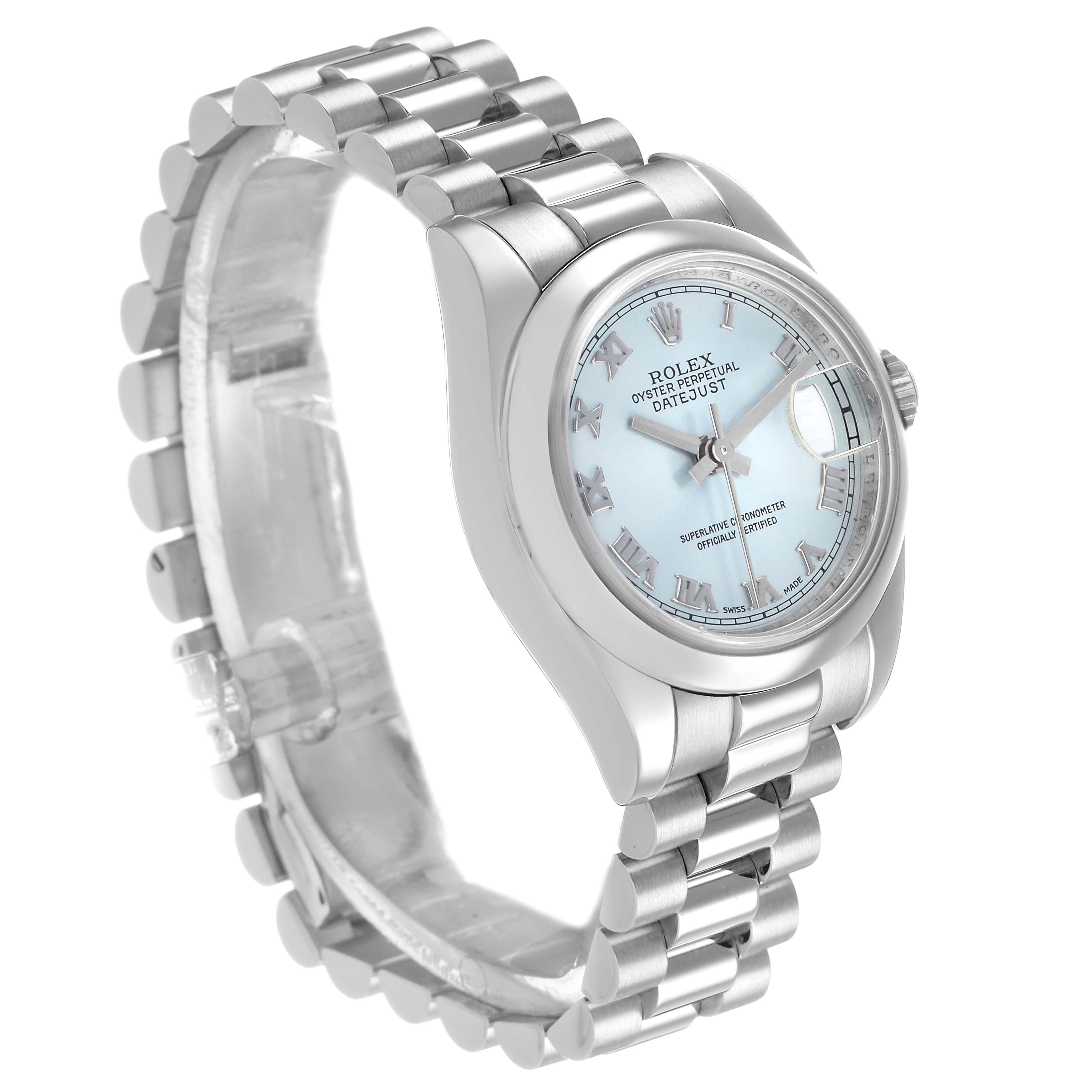 The Rolex President 179166 Women's Platinum Blue Dial model watch is shown at a three-quarter angle, displaying the bracelet, case, dial, and crown.