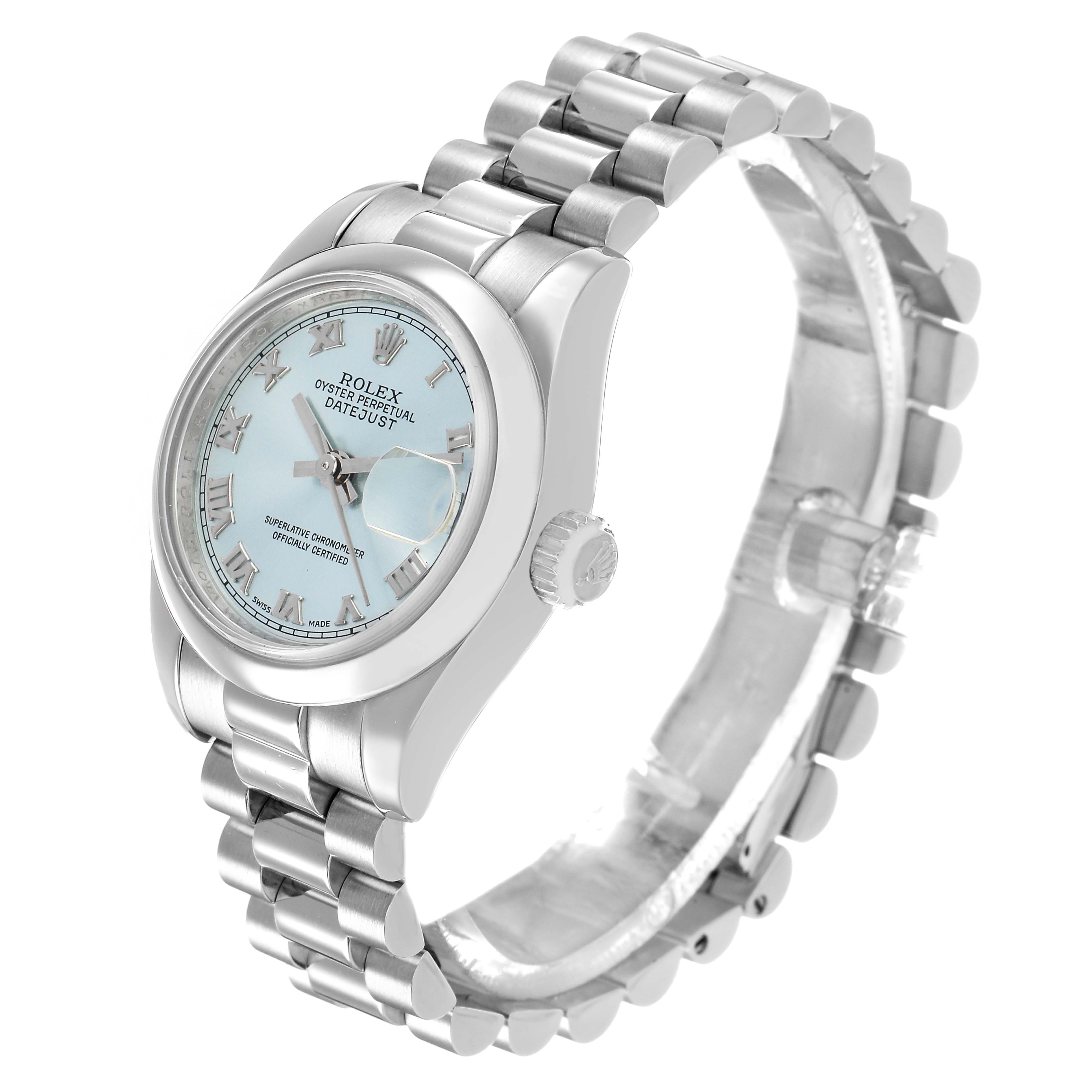 The Rolex President 179166 Women's Platinum Blue Dial model watch is shown at a slight angle, highlighting the face, bezel, crown, and bracelet links.