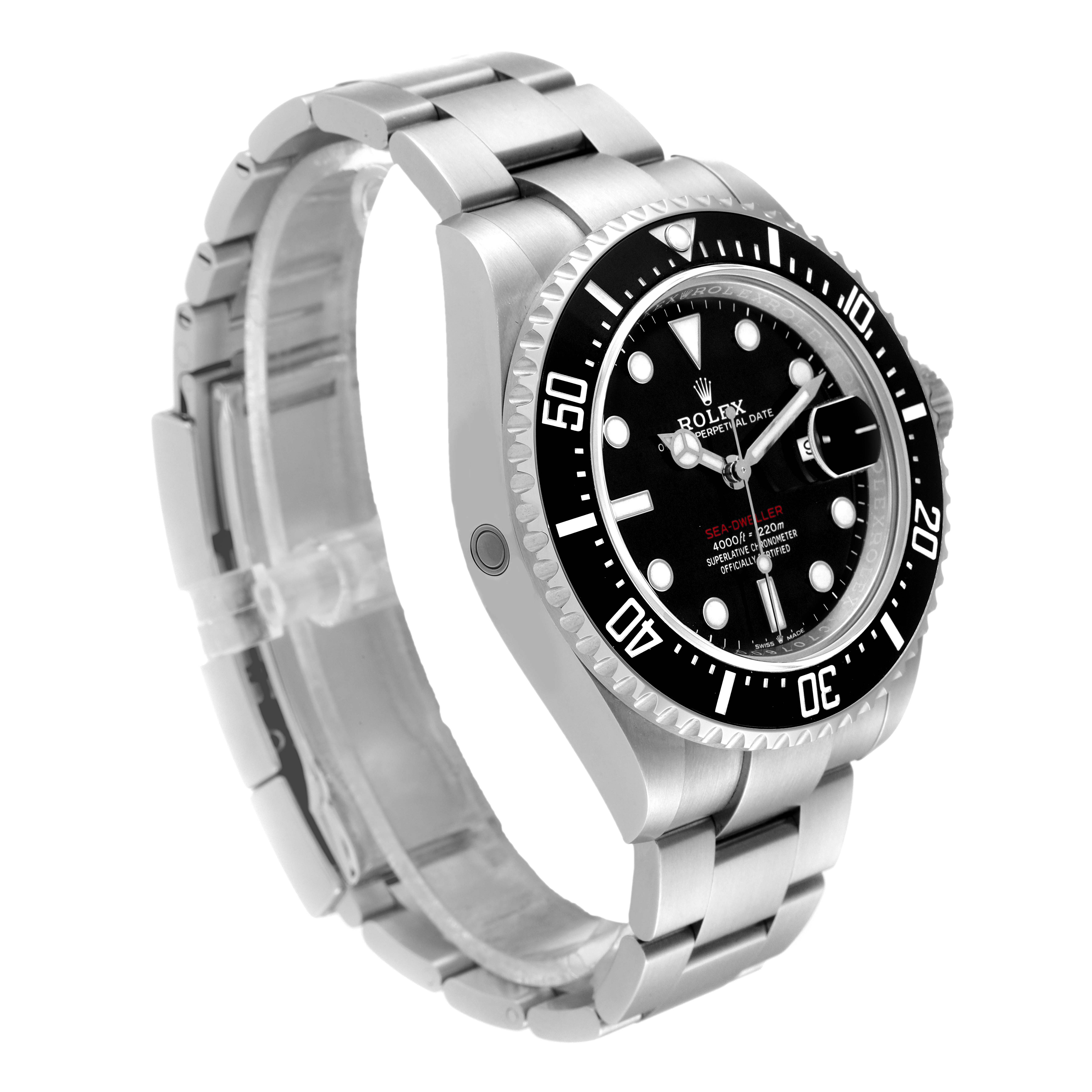 This image shows a Rolex Sea-Dweller 126600 Men's Stainless Steel Black Dial 126600 Men's Stainless Steel Black Dial watch at a three-quarter angle, highlighting its case, bezel, dial, and bracelet.