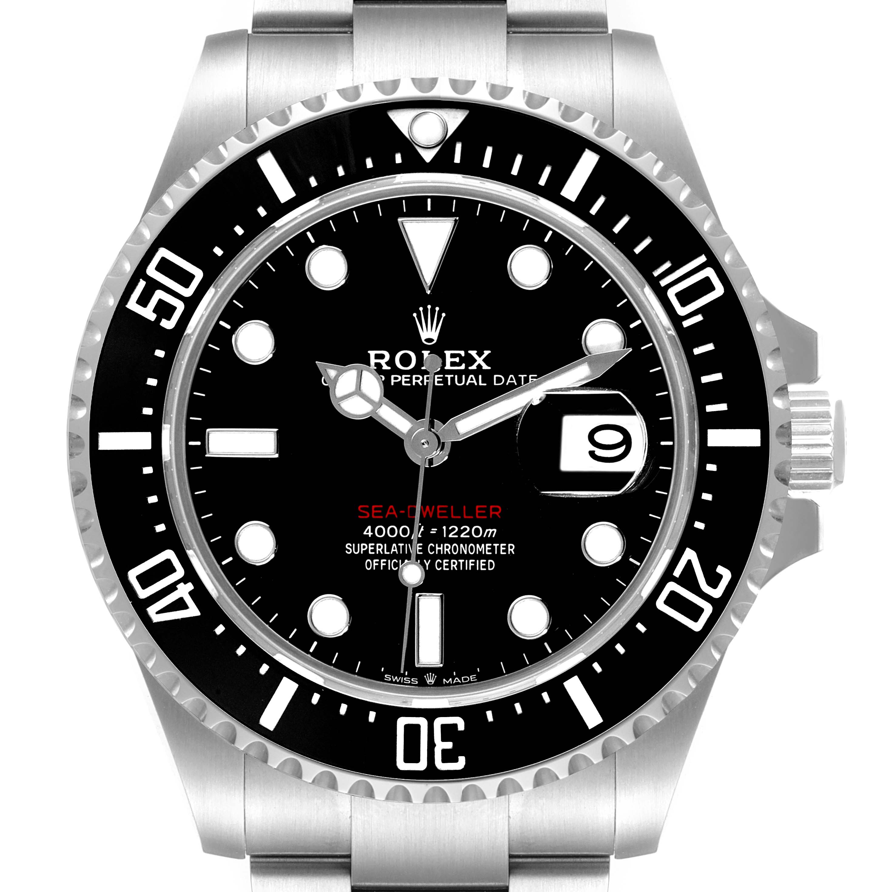 The image shows a front view of the Rolex Sea-Dweller 126600 Men's Stainless Steel Black Dial 126600 Men's Stainless Steel Black Dial watch, displaying the face, bezel, hands, and bracelet.