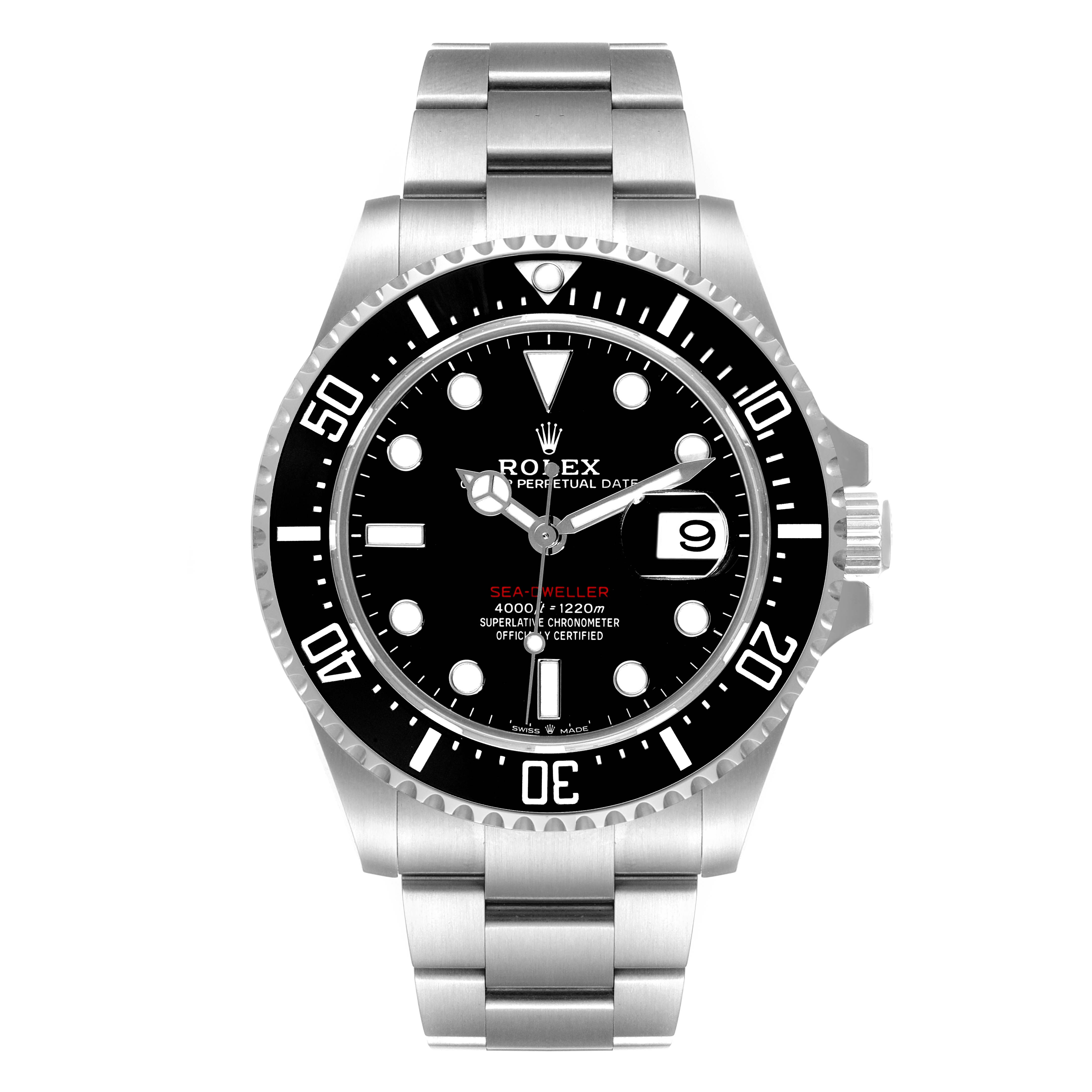 The image shows a front view of the Rolex Sea-Dweller 126600 Men's Stainless Steel Black Dial 126600 Men's Stainless Steel Black Dial watch, highlighting its black dial, bezel, and steel bracelet.