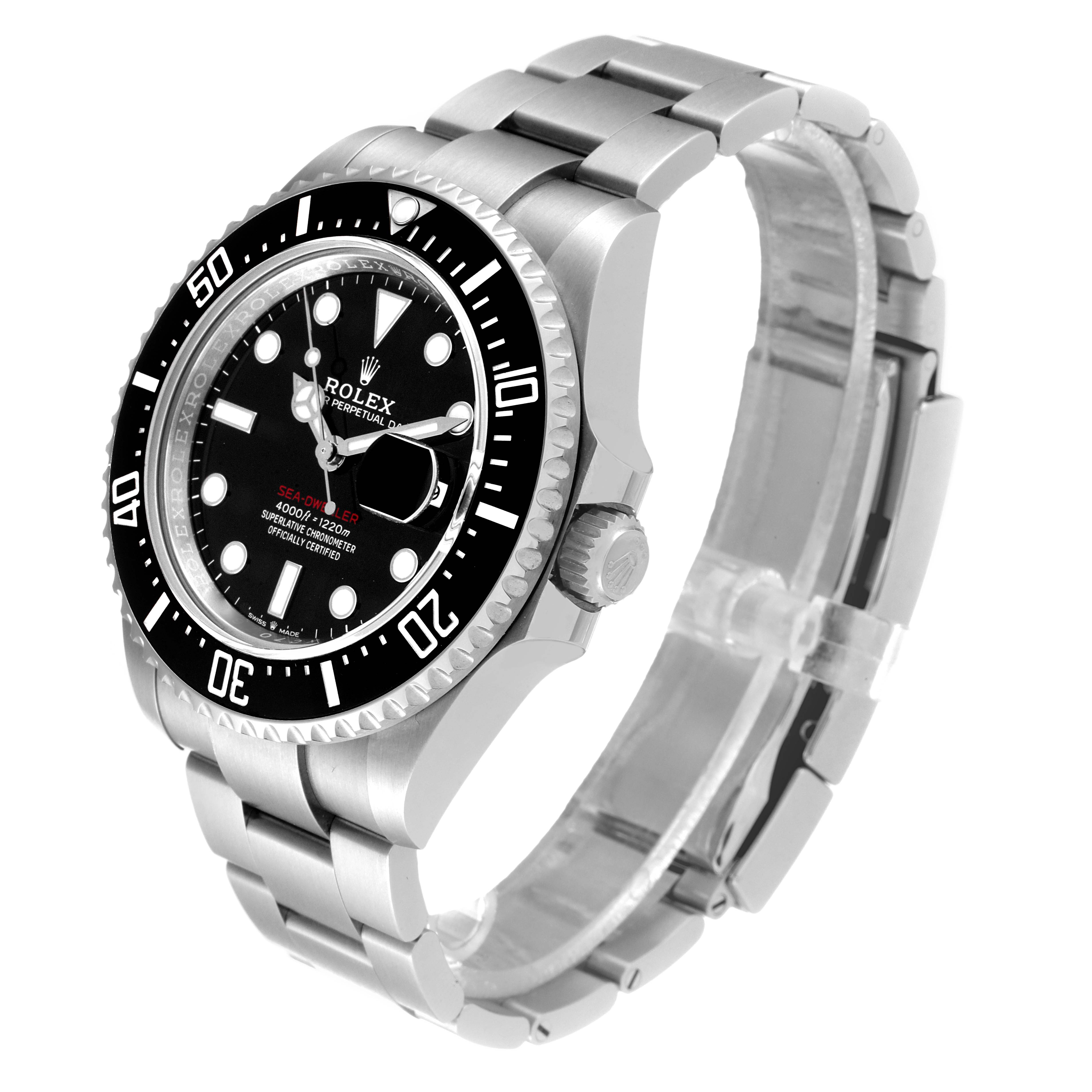 The image shows a side and front-angle view of the Rolex Sea-Dweller 126600 Men's Stainless Steel Black Dial 126600 Men's Stainless Steel Black Dial watch, highlighting its face, bezel, and bracelet.