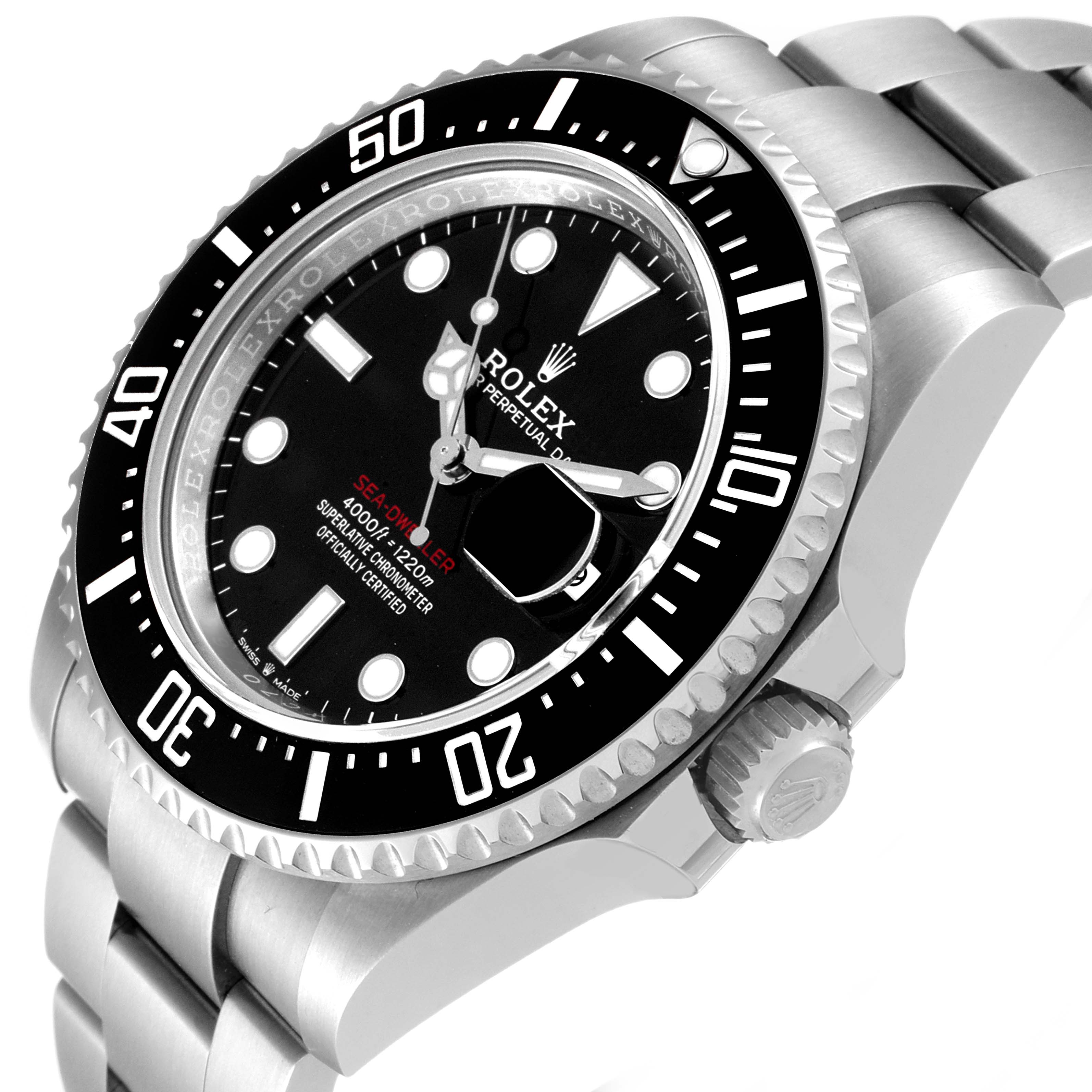 The image shows a side angle of the Rolex Sea-Dweller 126600 Men's Stainless Steel Black Dial 126600 Men's Stainless Steel Black Dial watch, highlighting the bezel, crown, and part of the bracelet.