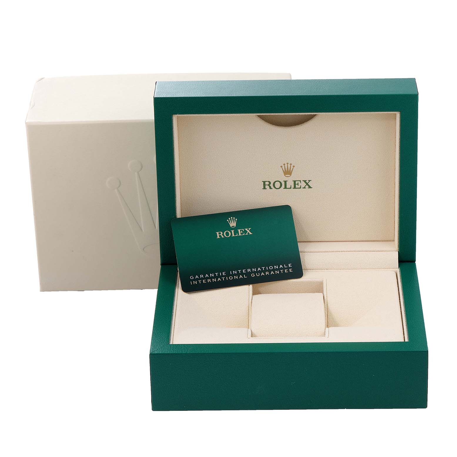 The image shows the open box of a Rolex Sea-Dweller 126600 Men's Stainless Steel Black Dial 126600 Men's Stainless Steel Black Dial watch, including the international guarantee card and packaging.