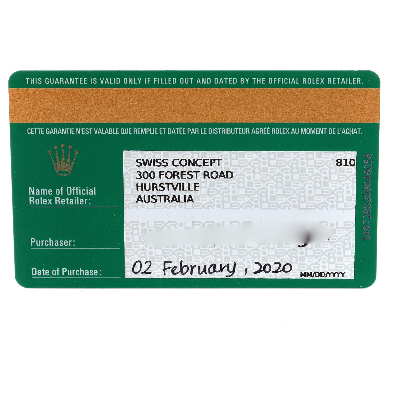 This image shows the warranty card for the Rolex Sea-Dweller 126600 Men's Stainless Steel Black Dial 126600 Men's Stainless Steel Black Dial watch.