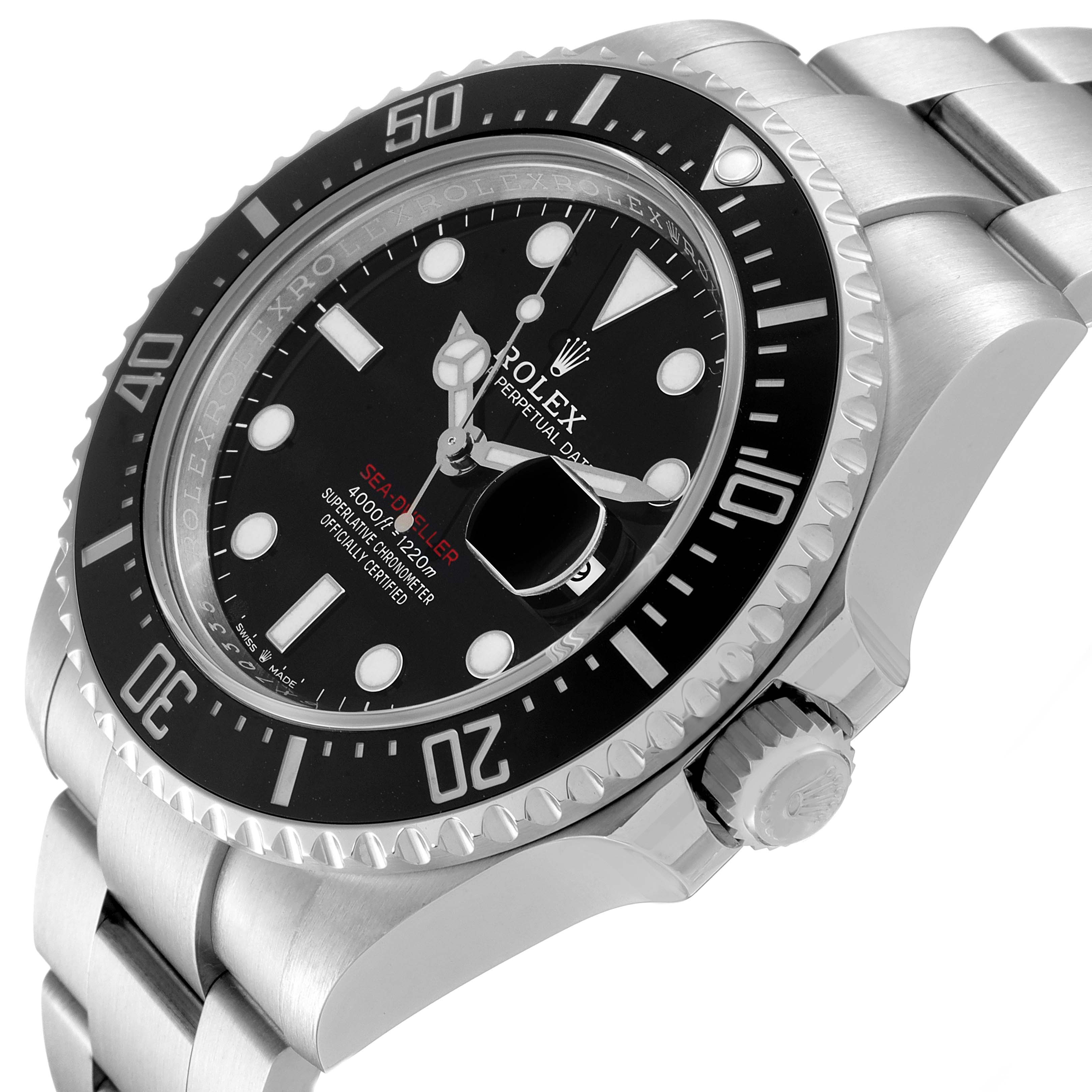 This image shows a Rolex Sea-Dweller 126600 Men's Stainless Steel Black Dial 126600 Men's Stainless Steel Black Dial watch at a close-up angle, highlighting the face, bezel, crown, and part of the bracelet.