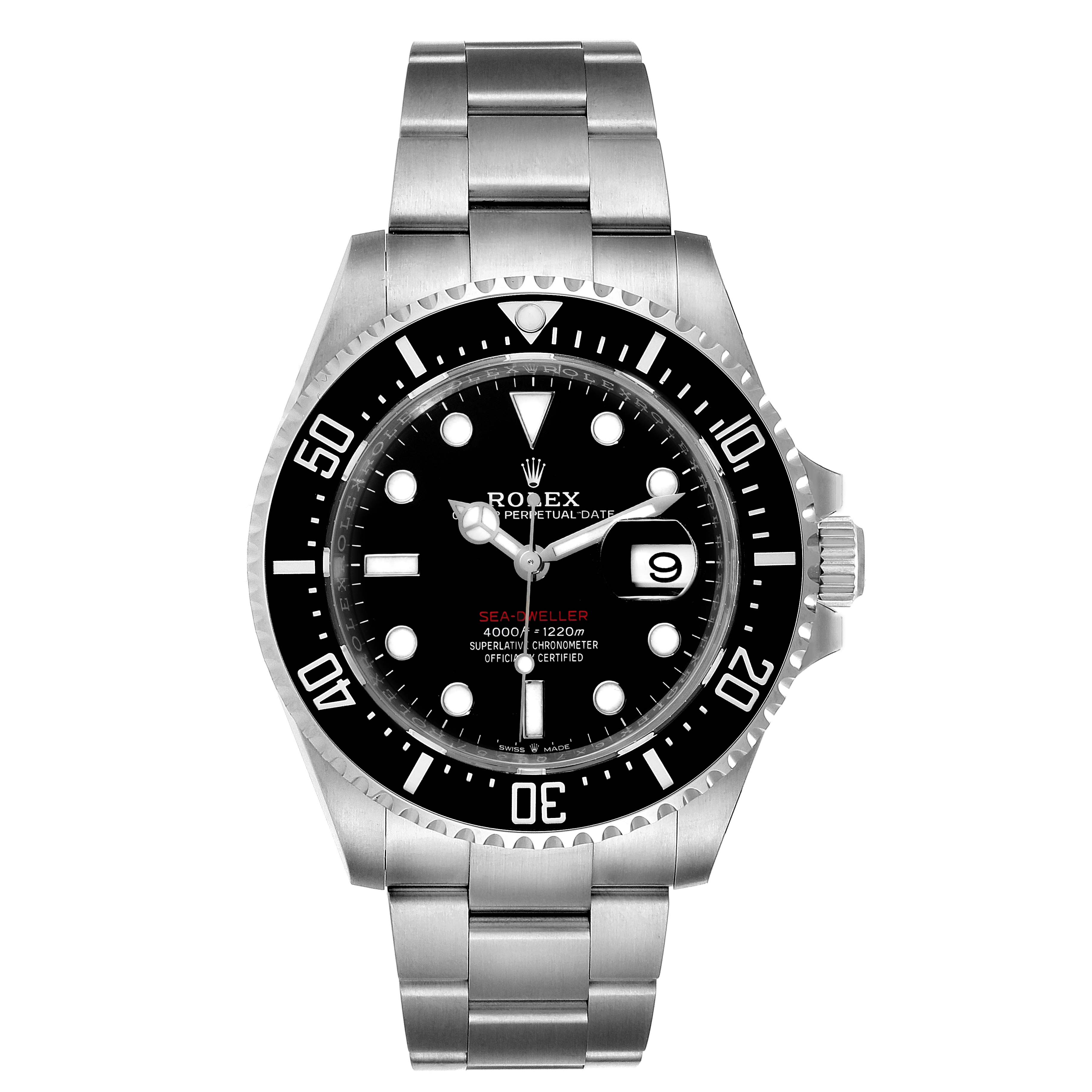 This is a front view of the Rolex Sea-Dweller 126600 Men's Stainless Steel Black Dial 126600 Men's Stainless Steel Black Dial watch, showing the dial, bezel, and bracelet.