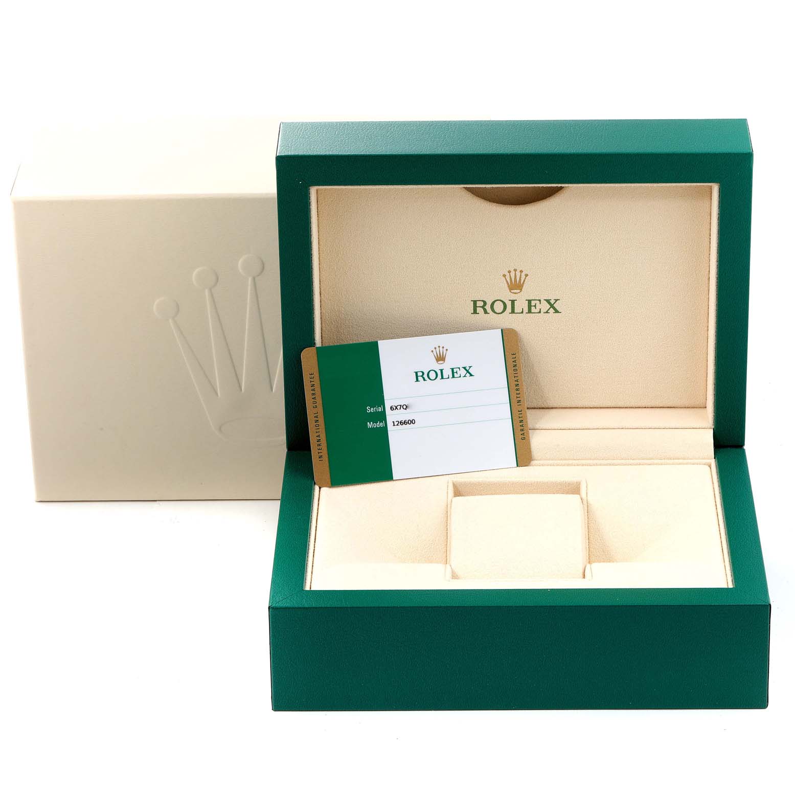 This image shows the packaging, inner and outer box, and guarantee card for a Rolex Sea-Dweller 126600 Men's Stainless Steel Black Dial 126600 Men's Stainless Steel Black Dial watch.