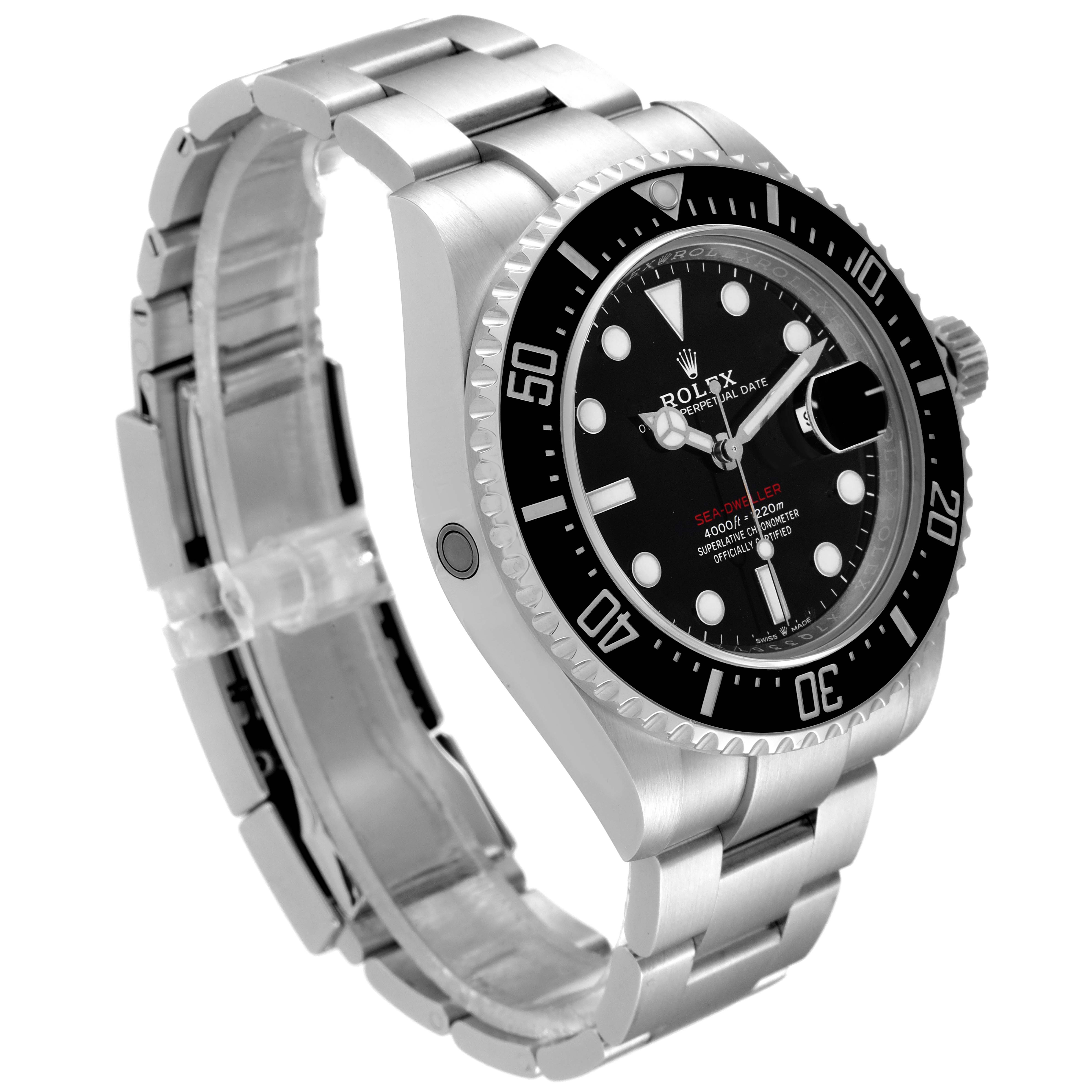 This image shows a side and front angle of the Rolex Sea-Dweller 126600 Men's Stainless Steel Black Dial 126600 Men's Stainless Steel Black Dial watch, highlighting the dial, bezel, and bracelet.