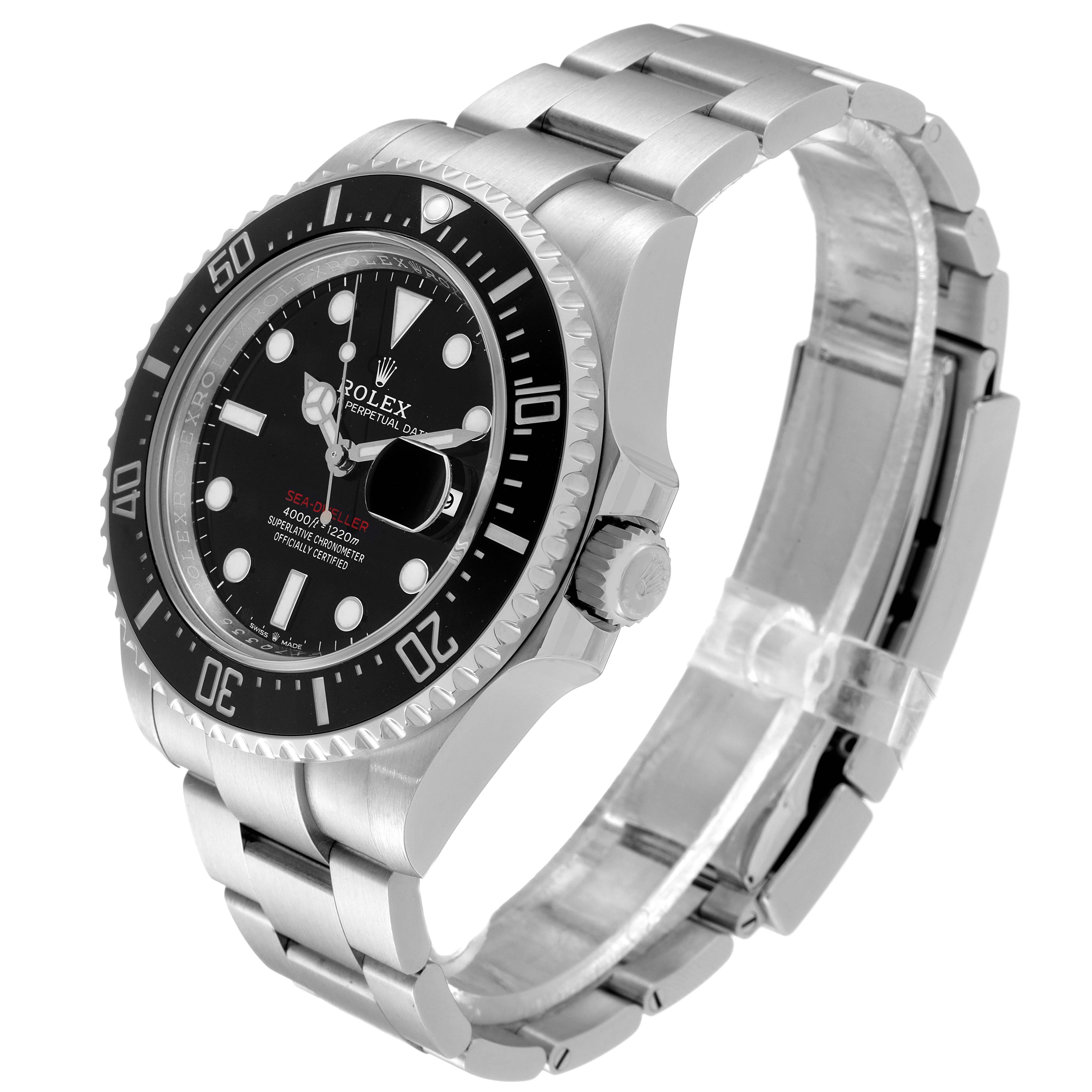 This image shows a Rolex Sea-Dweller 126600 Men's Stainless Steel Black Dial 126600 Men's Stainless Steel Black Dial watch at an angled front view, displaying the face, bezel, crown, and bracelet.