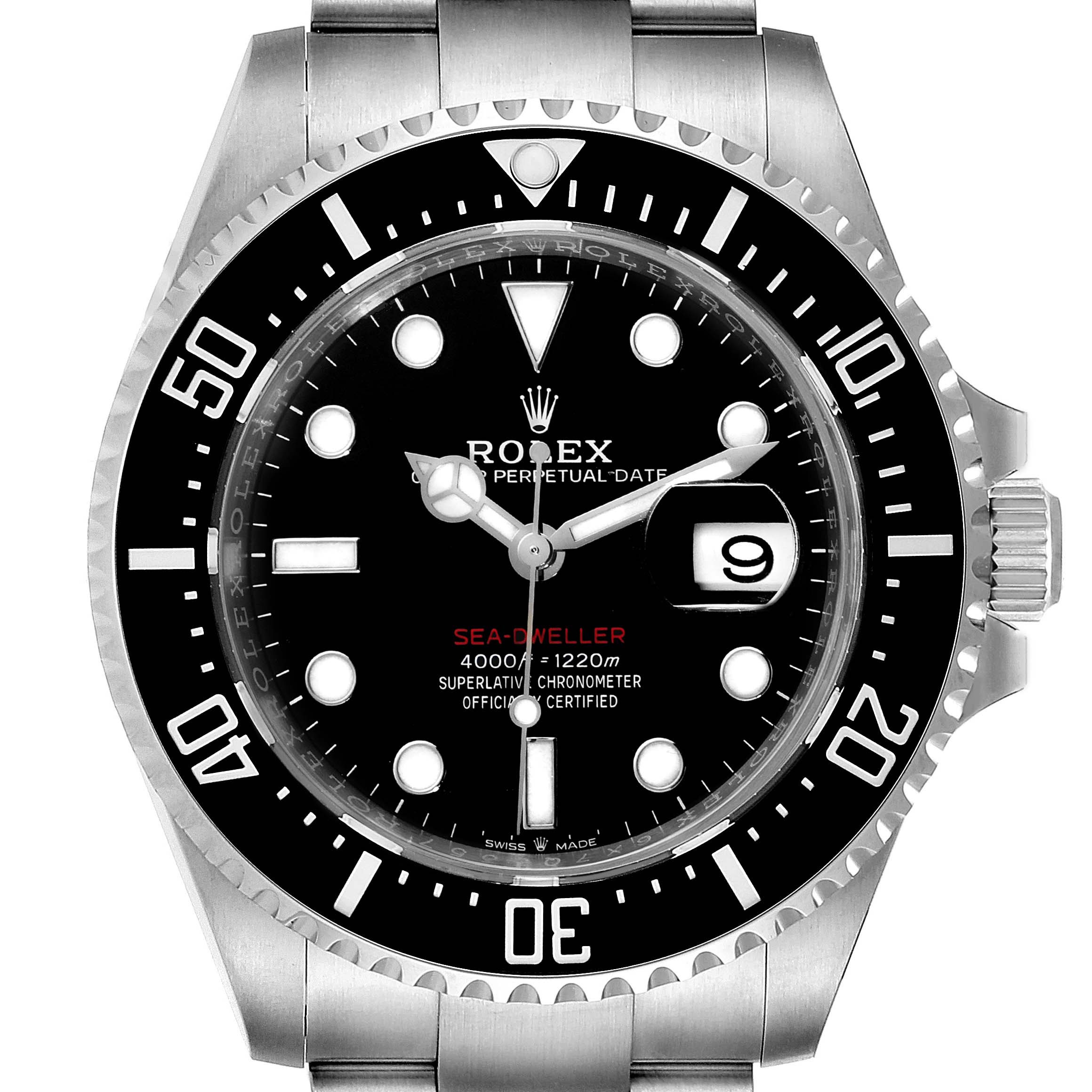 This image shows a frontal view of the Rolex Sea-Dweller 126600 Men's Stainless Steel Black Dial 126600 Men's Stainless Steel Black Dial watch, displaying the face, bezel, and part of the bracelet.
