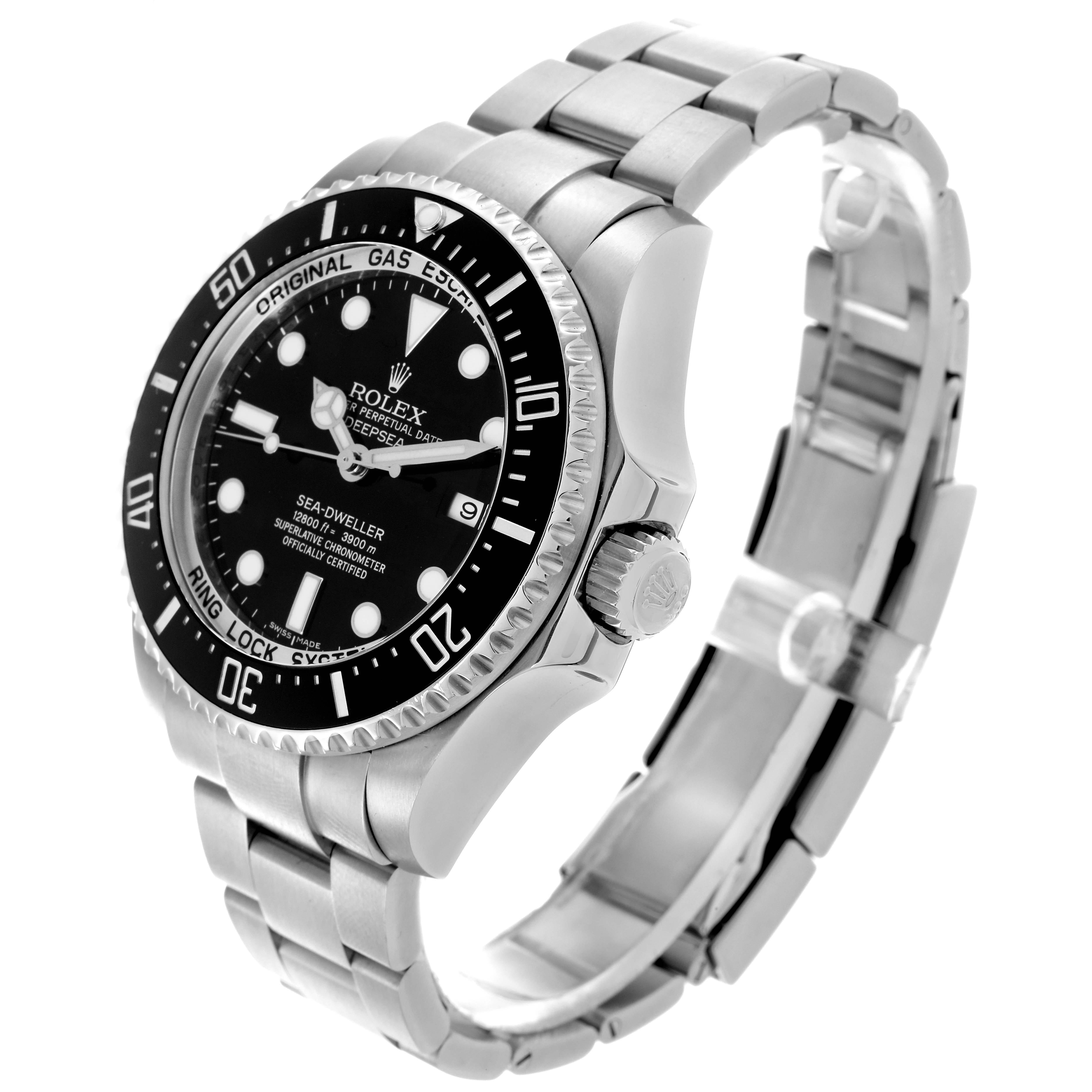 The Rolex Sea-Dweller 116660 Men's Stainless Steel Black Dial 116660 Men's Stainless Steel Black Dial watch is shown at a three-quarter angle, highlighting the dial, bezel, crown, and bracelet.