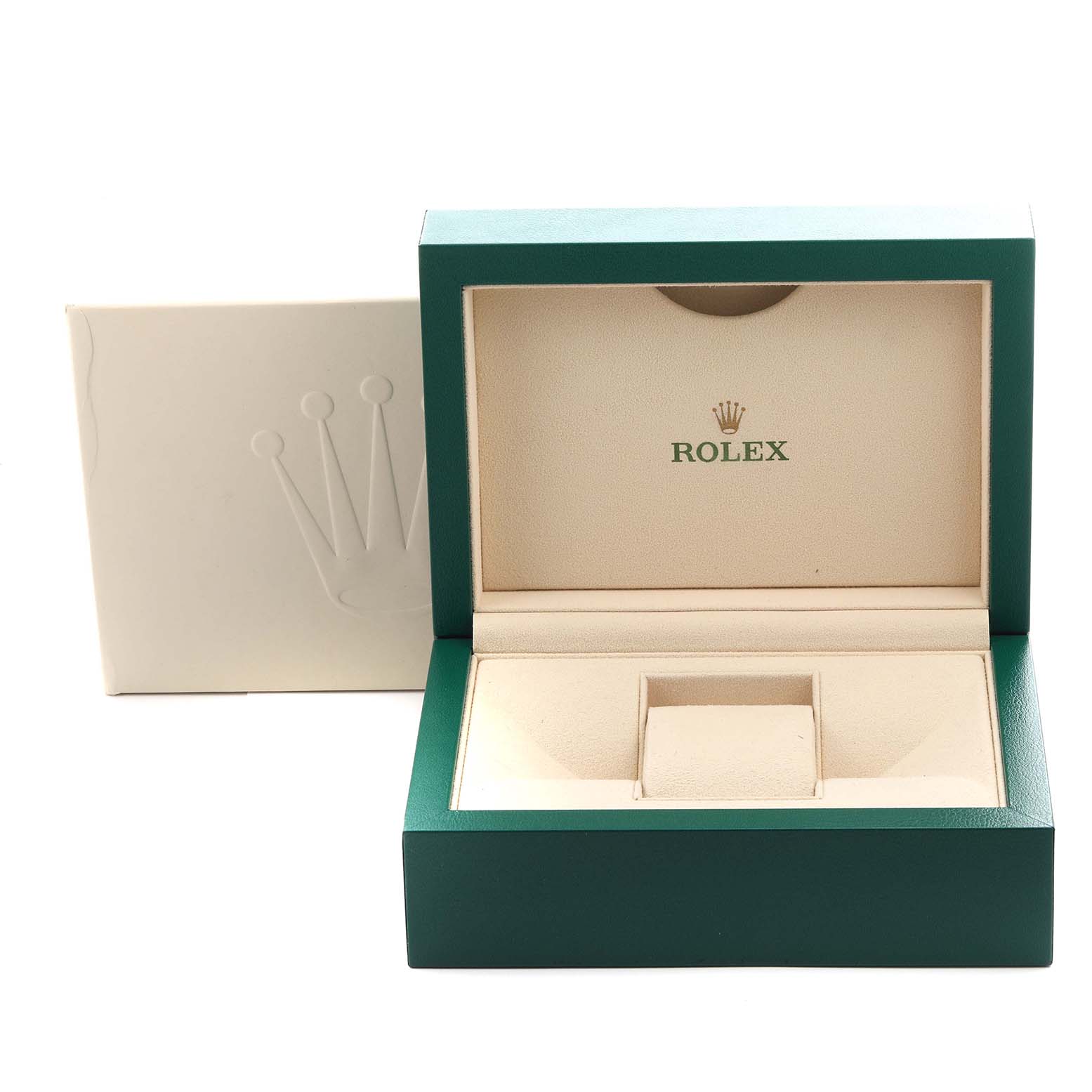 The image shows an opened Rolex watch box for the Sea-Dweller model, with a green exterior and beige interior.
