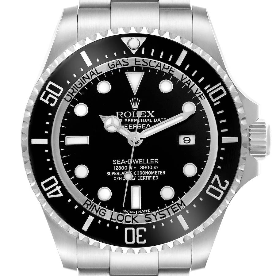 The Rolex Sea-Dweller watch is shown from the front, displaying the dial, bezel, and part of the bracelet.