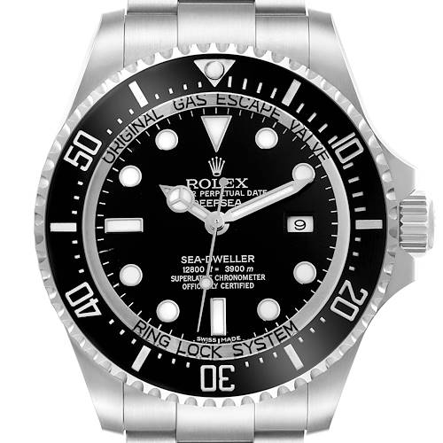 The image shows a front view of the Rolex Sea-Dweller watch, highlighting the dial, bezel, and part of the bracelet.