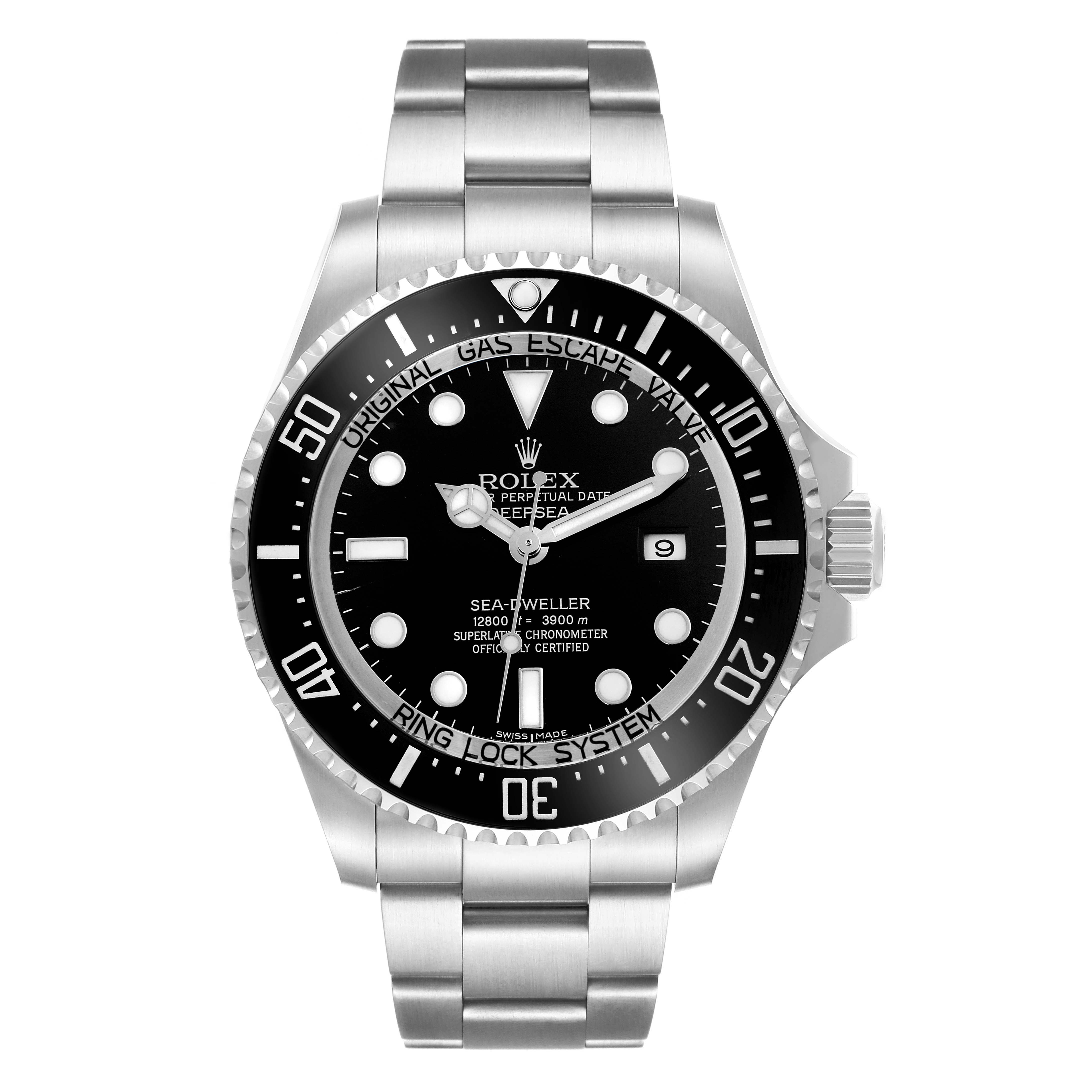 The Rolex Sea-Dweller 116660 Men's Stainless Steel Black Dial 116660 Men's Stainless Steel Black Dial watch is shown from the front, displaying the dial, bezel, case, and bracelet.