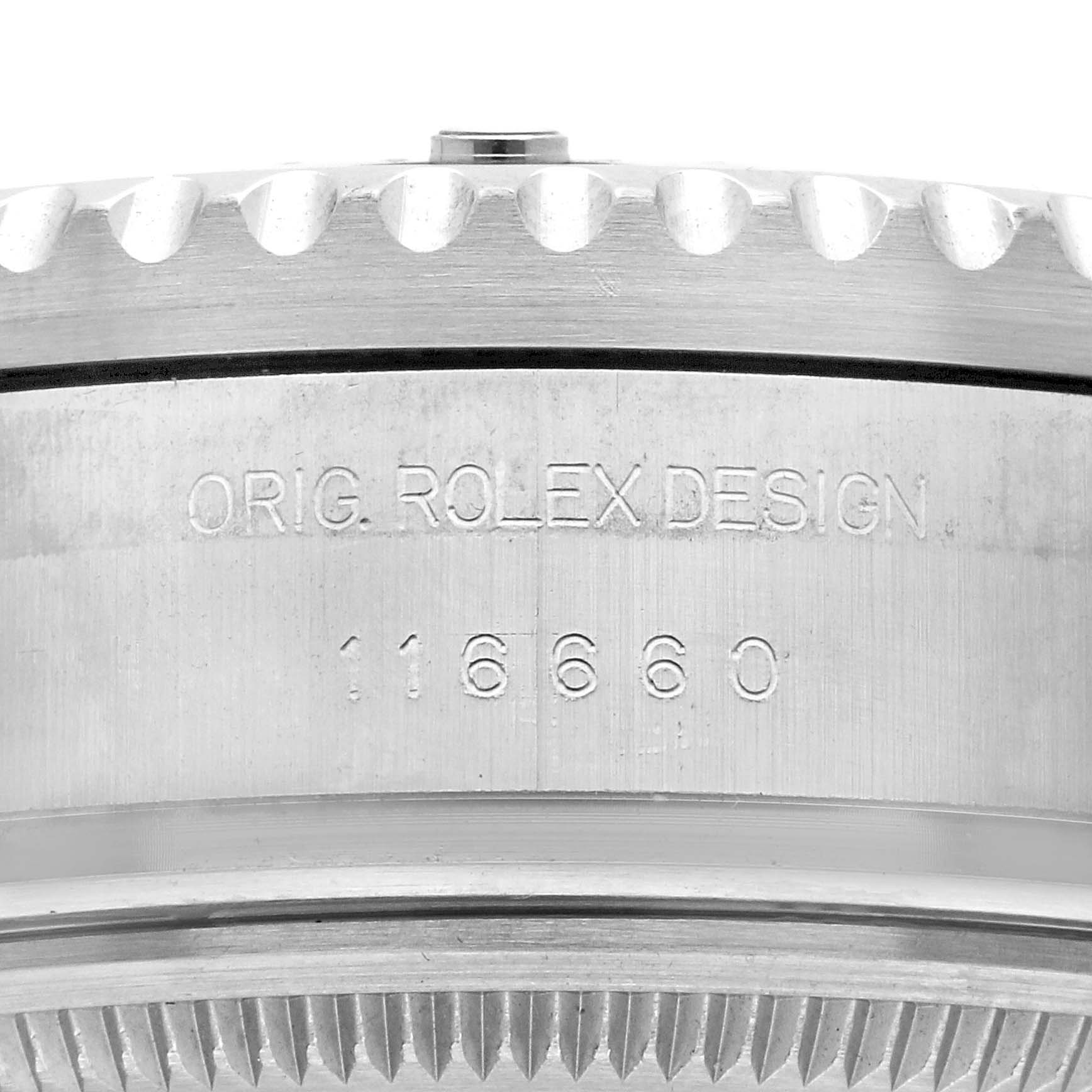 The image shows the engraved side of the case on a Rolex Sea-Dweller 116660 Men's Stainless Steel Black Dial 116660 Men's Stainless Steel Black Dial watch, highlighting the model number and "Orig. Rolex Design."