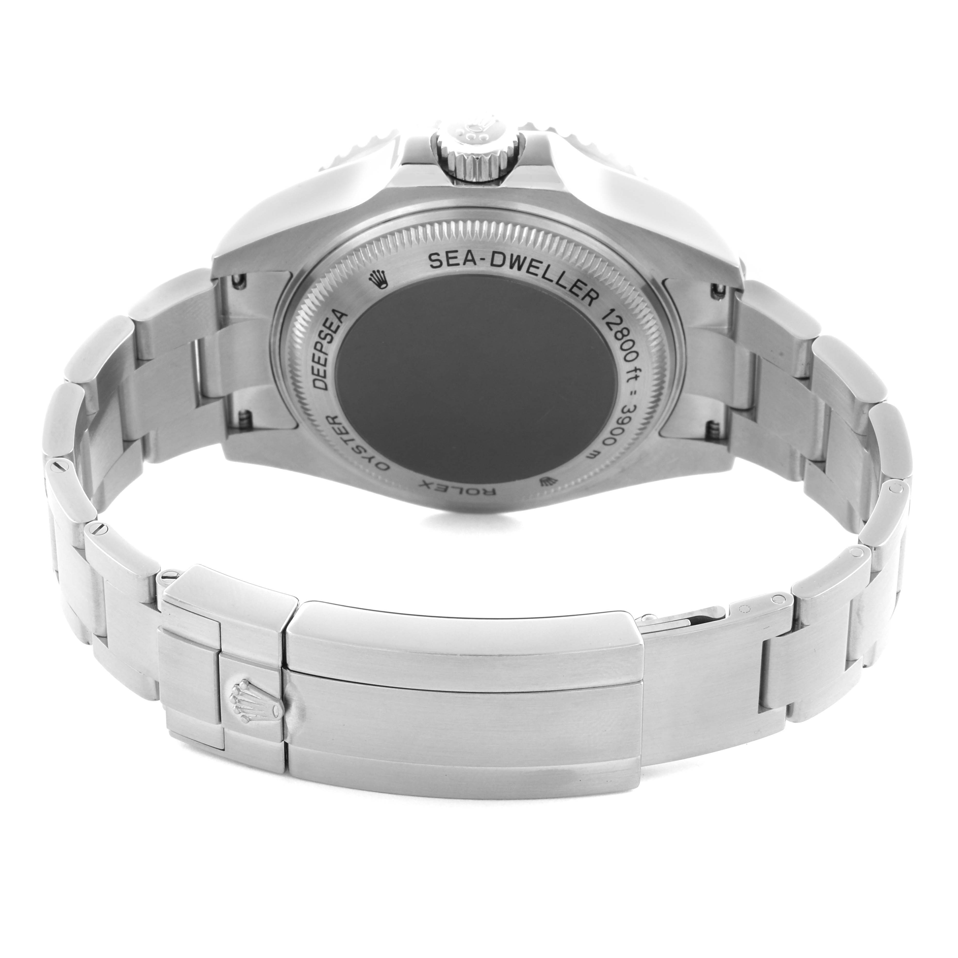 The image shows the back of a Rolex Sea-Dweller 116660 Men's Stainless Steel Black Dial 116660 Men's Stainless Steel Black Dial model, highlighting the case back and bracelet clasp.