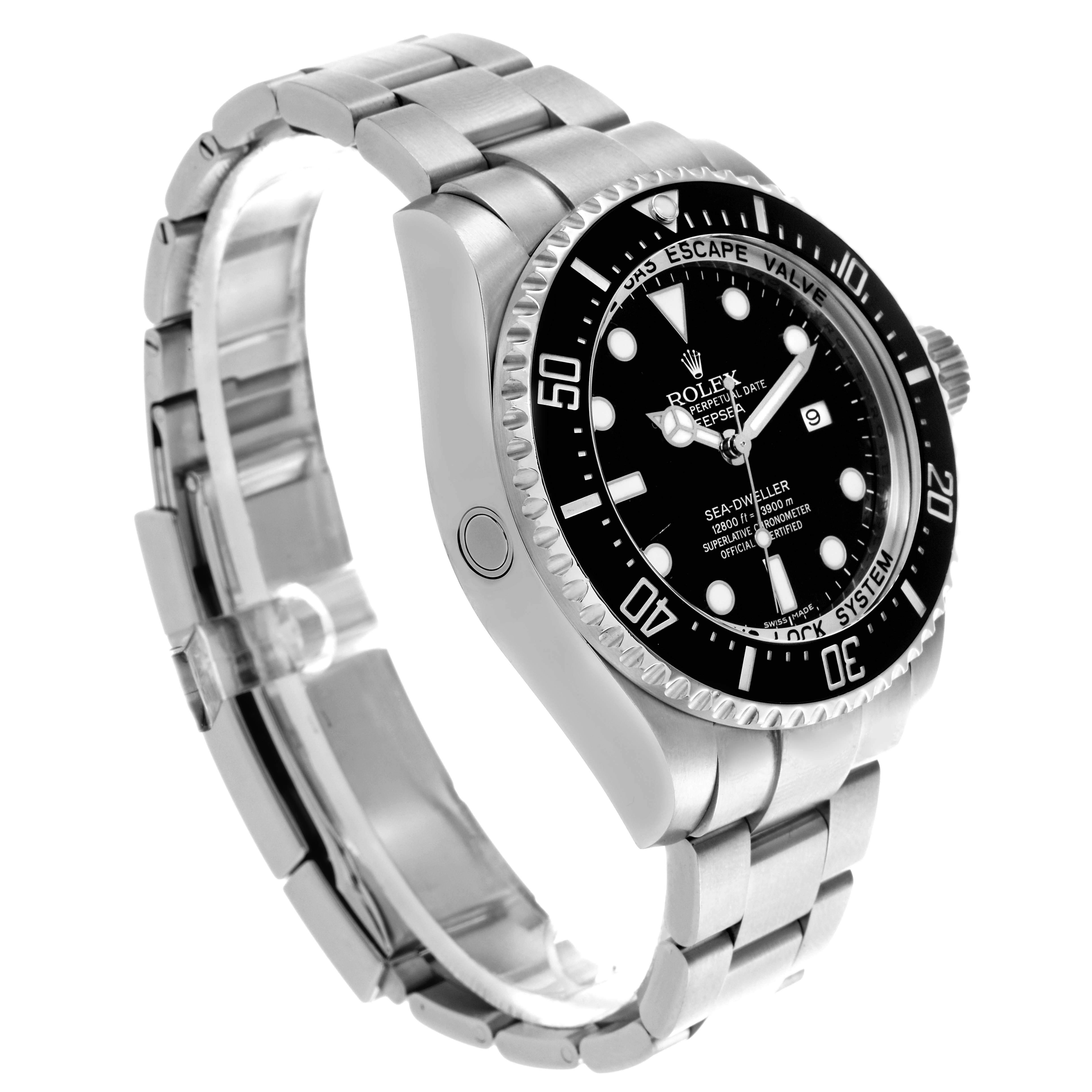 The Rolex Sea-Dweller 116660 Men's Stainless Steel Black Dial 116660 Men's Stainless Steel Black Dial watch is shown at an angled side view, highlighting its bezel, face, and bracelet.