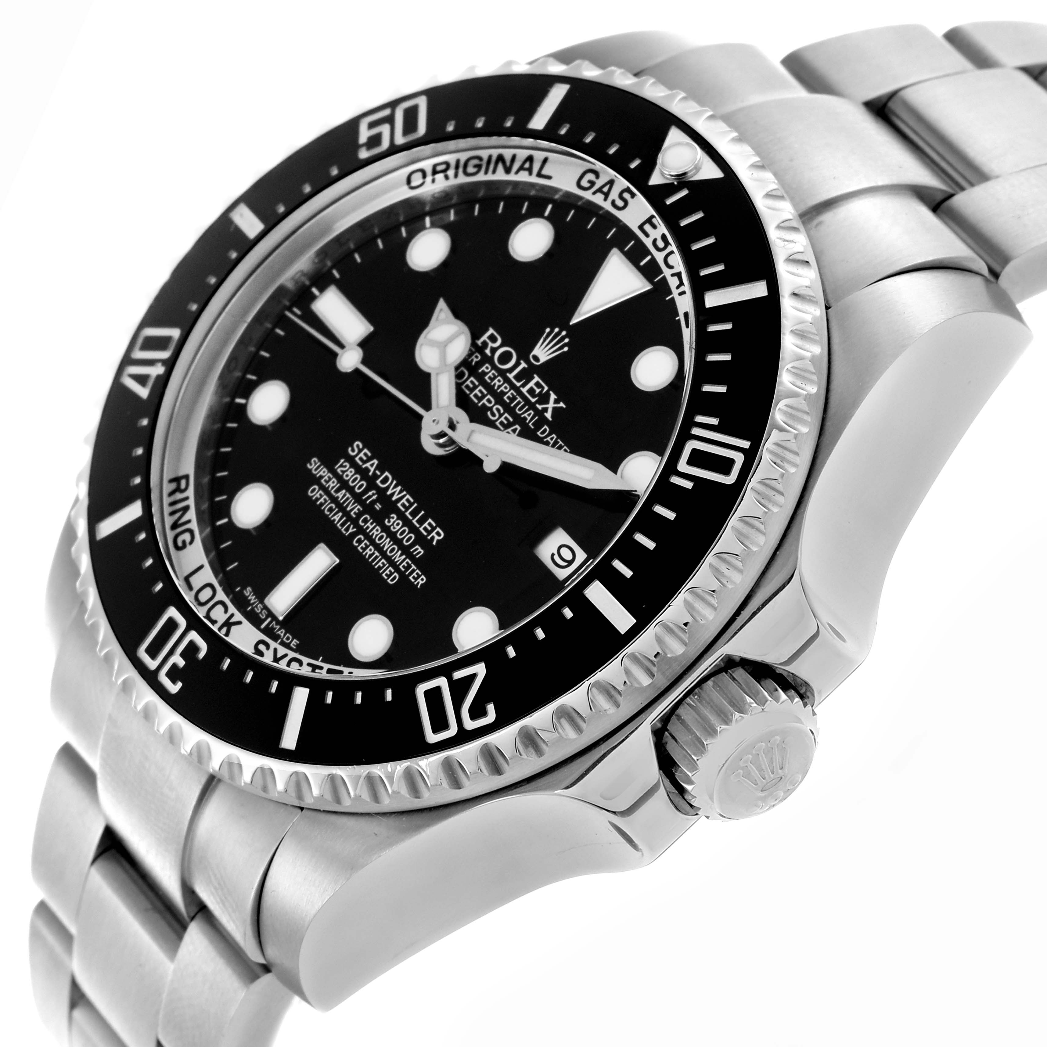 The Rolex Sea-Dweller 116660 Men's Stainless Steel Black Dial 116660 Men's Stainless Steel Black Dial watch is shown at a three-quarter angle, highlighting the dial, bezel, crown, and part of the bracelet.