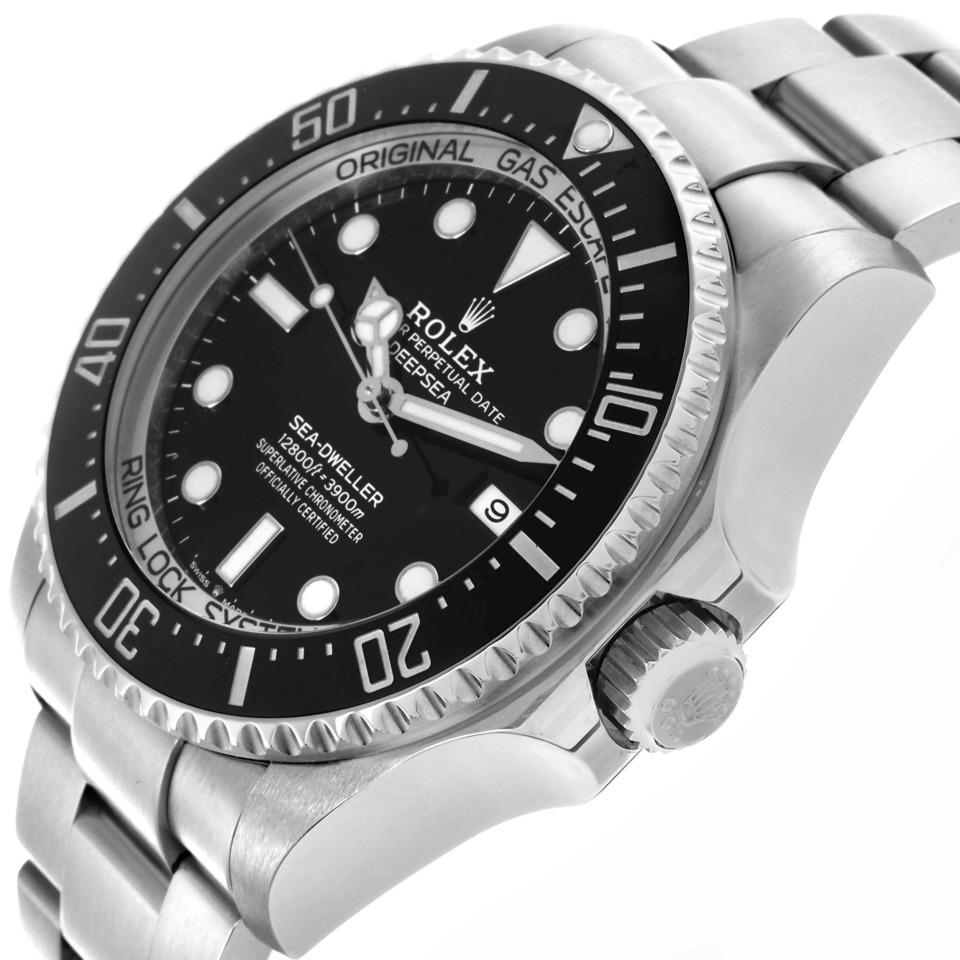 The Rolex Sea-Dweller 126660 Men's Stainless Steel Black Dial 126660 Men's Stainless Steel Black Dial watch is shown from a side angle, highlighting the bezel, dial, crown, and bracelet links.