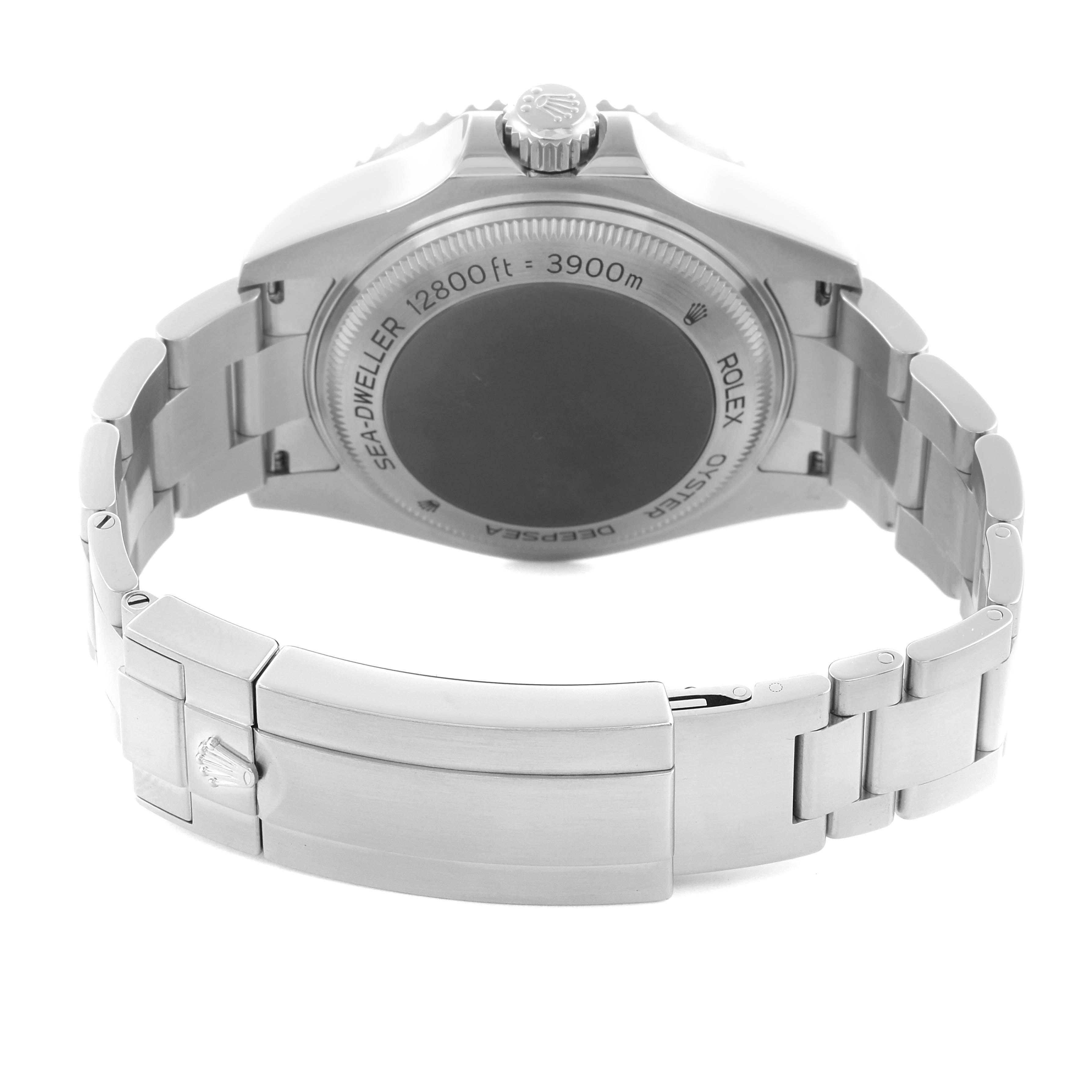 The image shows the back view of a Rolex Sea-Dweller 126660 Men's Stainless Steel Black Dial 126660 Men's Stainless Steel Black Dial watch, highlighting the case back and bracelet clasp.