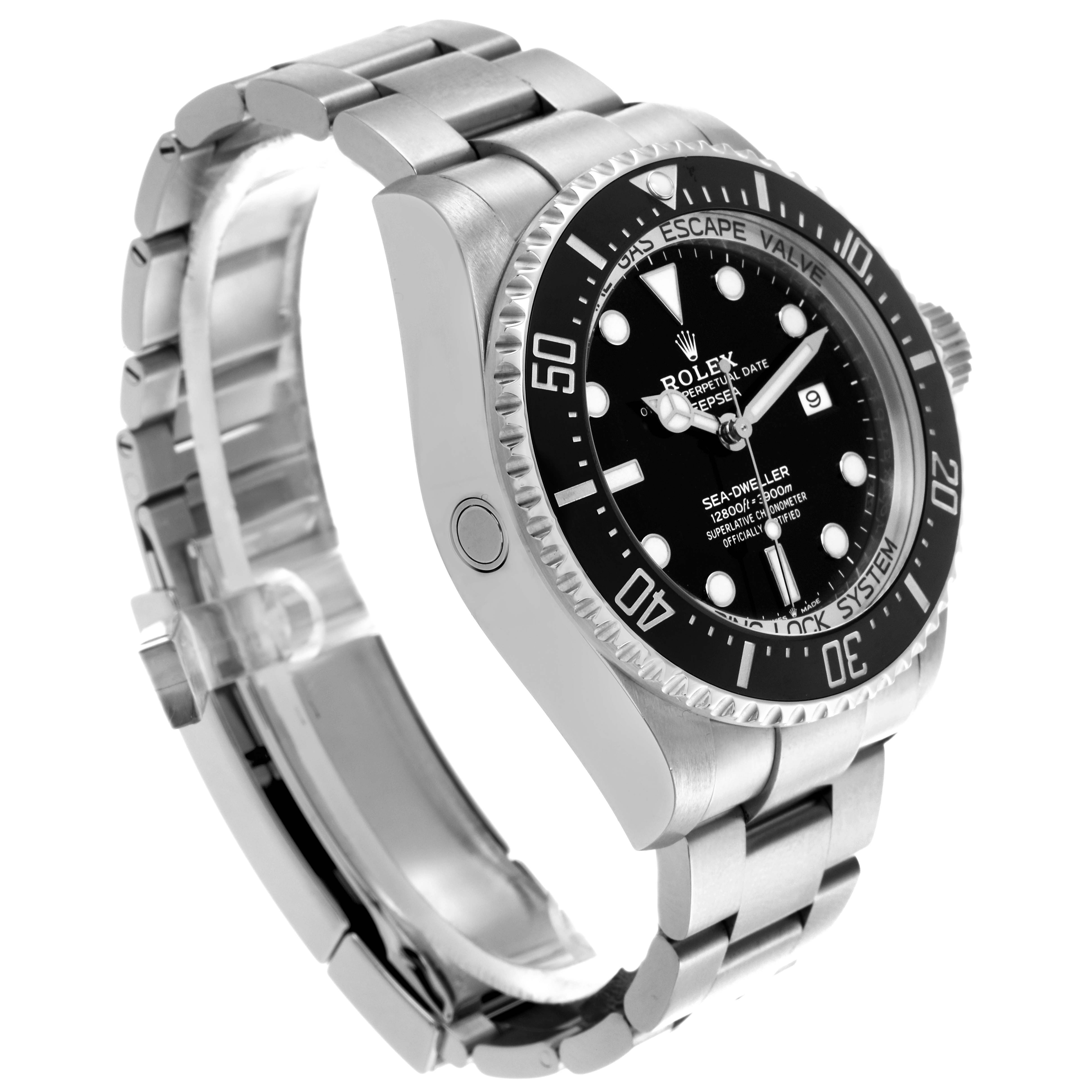 The Rolex Sea-Dweller 126660 Men's Stainless Steel Black Dial 126660 Men's Stainless Steel Black Dial watch is shown at a three-quarter angle, highlighting the bezel, dial, and metal bracelet.