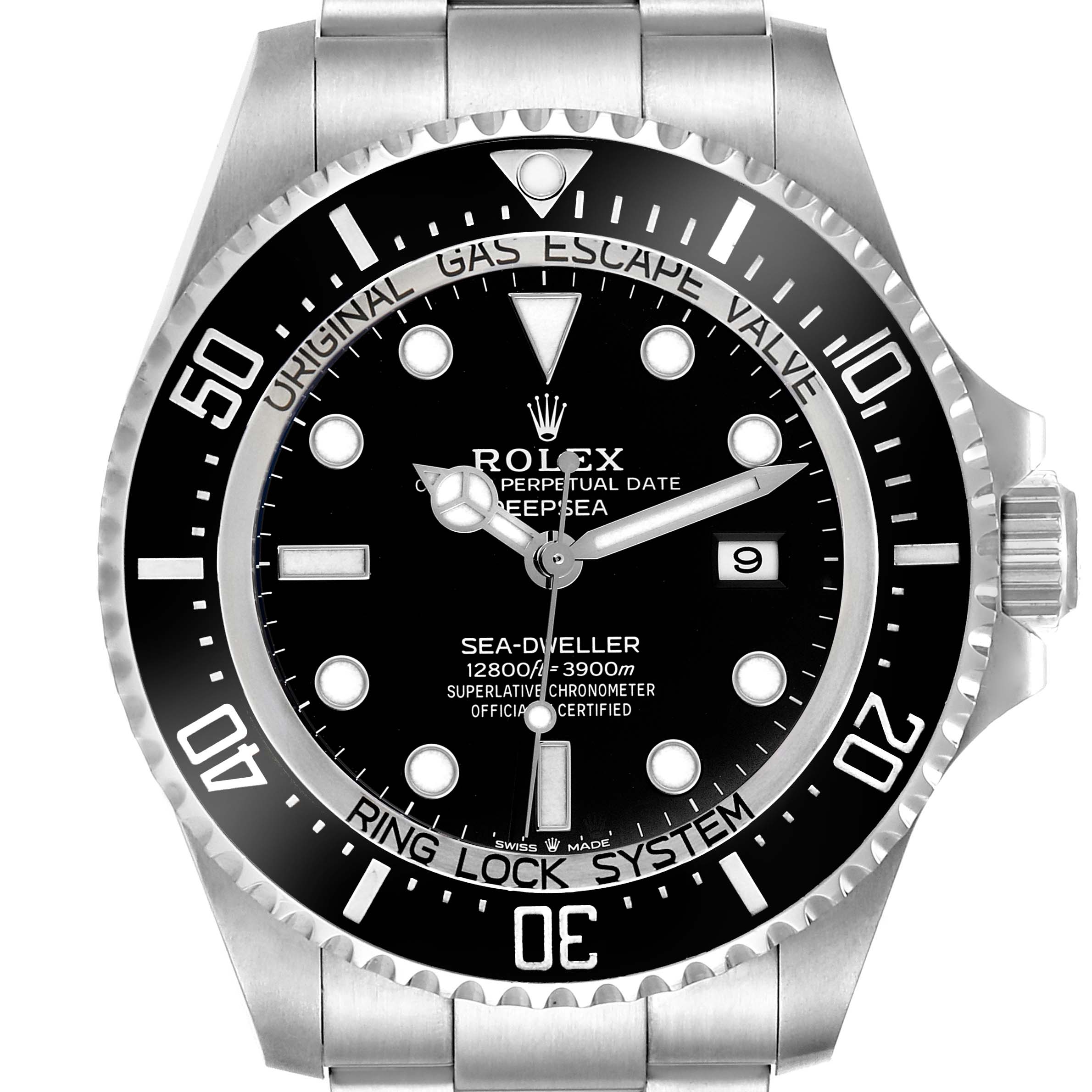 The image shows a front view of the Rolex Sea-Dweller 126660 Men's Stainless Steel Black Dial 126660 Men's Stainless Steel Black Dial watch, highlighting the dial, bezel, and bracelet.