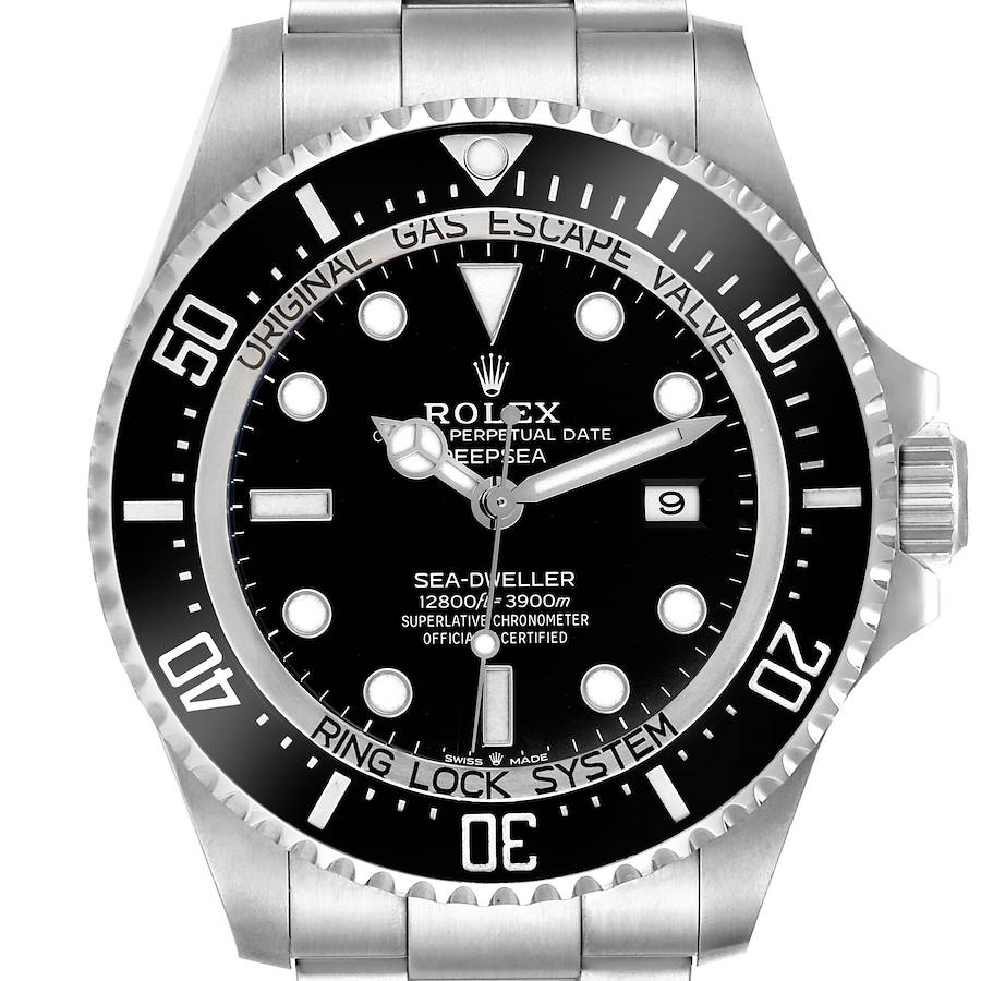 The image shows a front view of the Rolex Sea-Dweller watch, highlighting the dial, bezel, and bracelet.