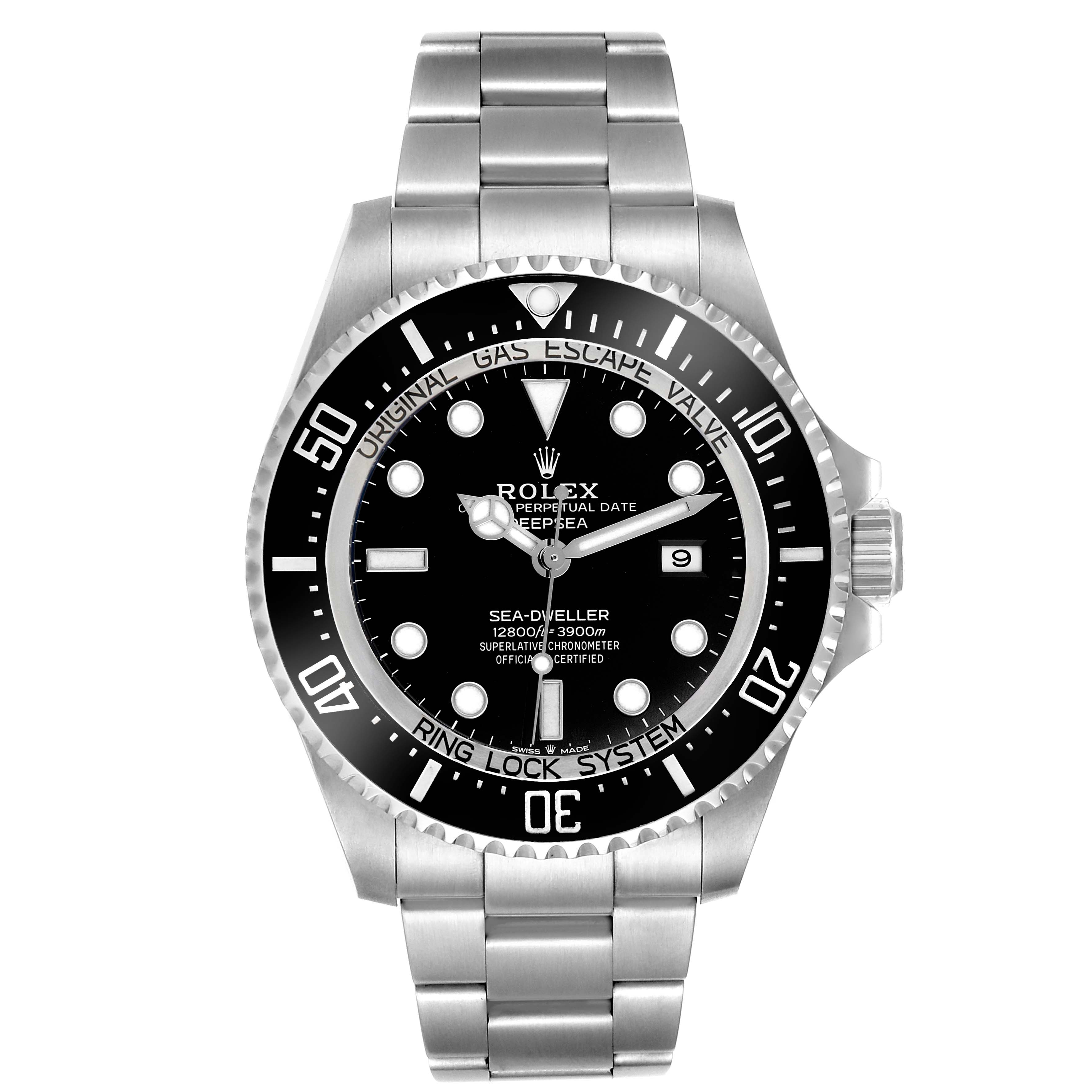 The Rolex Sea-Dweller 126660 Men's Stainless Steel Black Dial 126660 Men's Stainless Steel Black Dial watch is shown from a top-down angle, displaying the face, bezel, and bracelet.