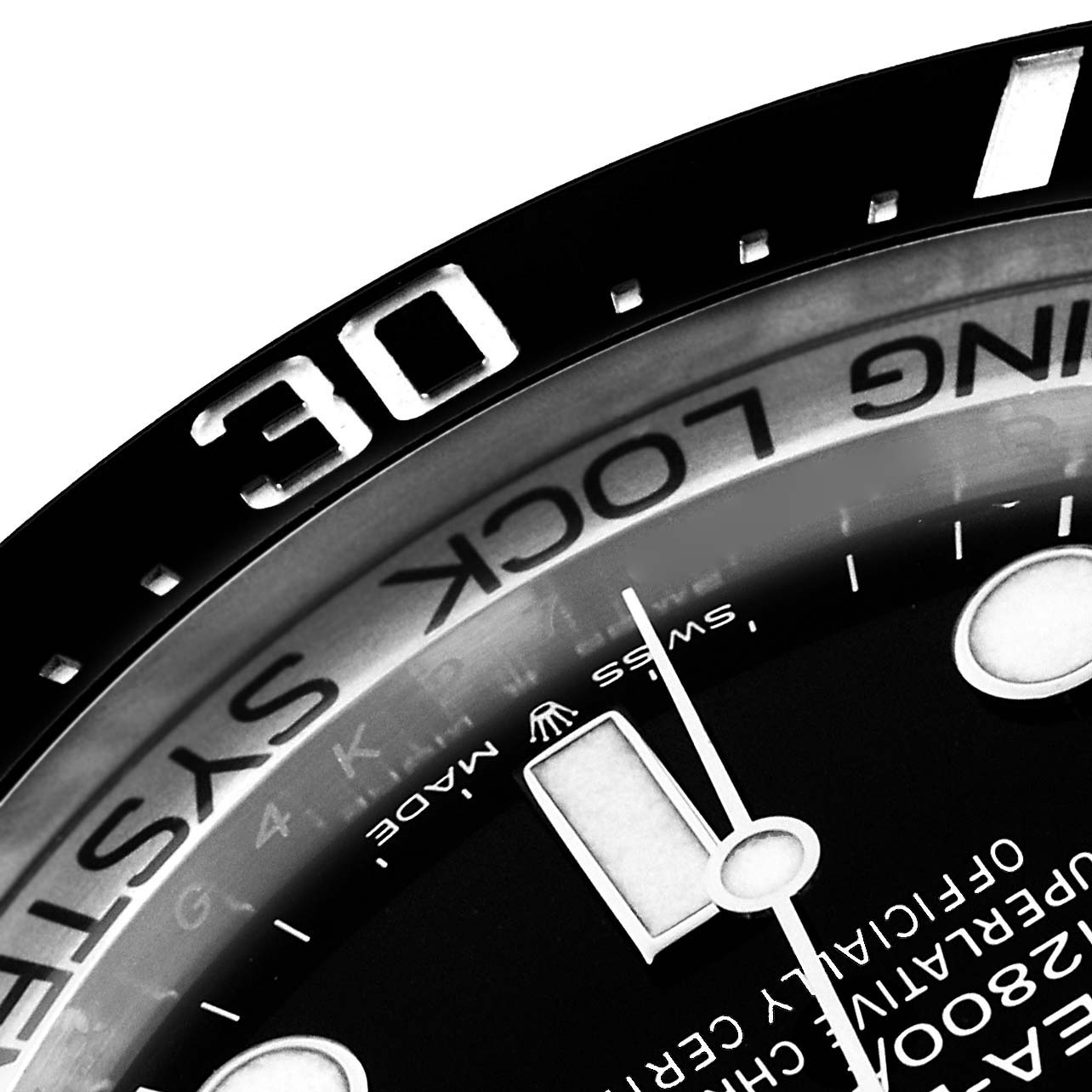 The image shows a close-up of the bezel and dial of a Rolex Sea-Dweller 126660 Men's Stainless Steel Black Dial 126660 Men's Stainless Steel Black Dial, highlighting the "30" marker and part of the dial text.