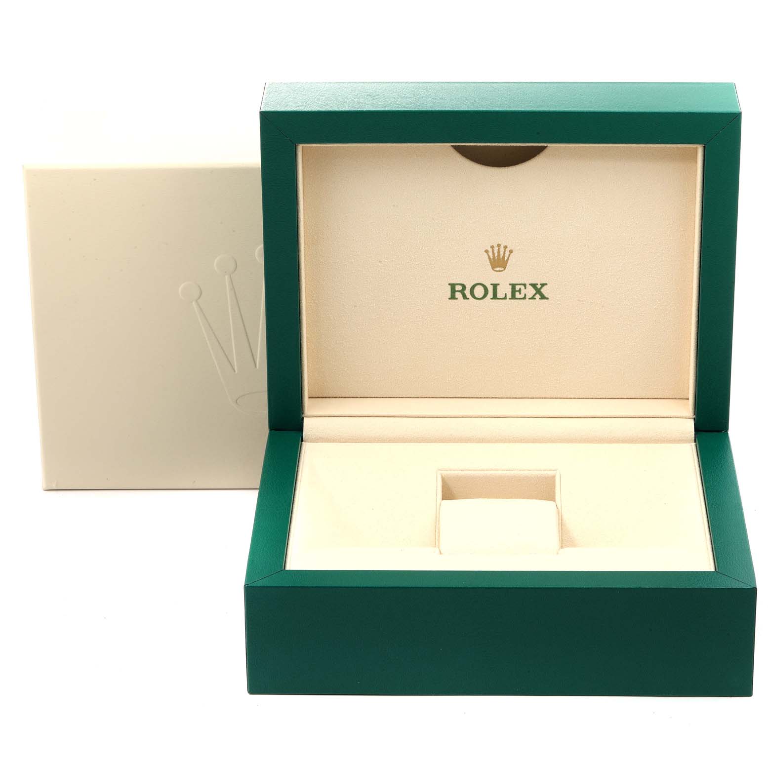 The image shows an open Rolex Submariner 126618 Men's Yellow Gold Black Dial 126618 Men's Yellow Gold Black Dial model watch box with the iconic green and cream color scheme and the Rolex logo inside.